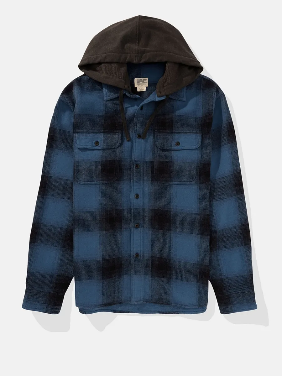 AMERICAN EAGLE MEN BRYAN PLAID HOODED 3X1 FLANNEL 410 NAVY