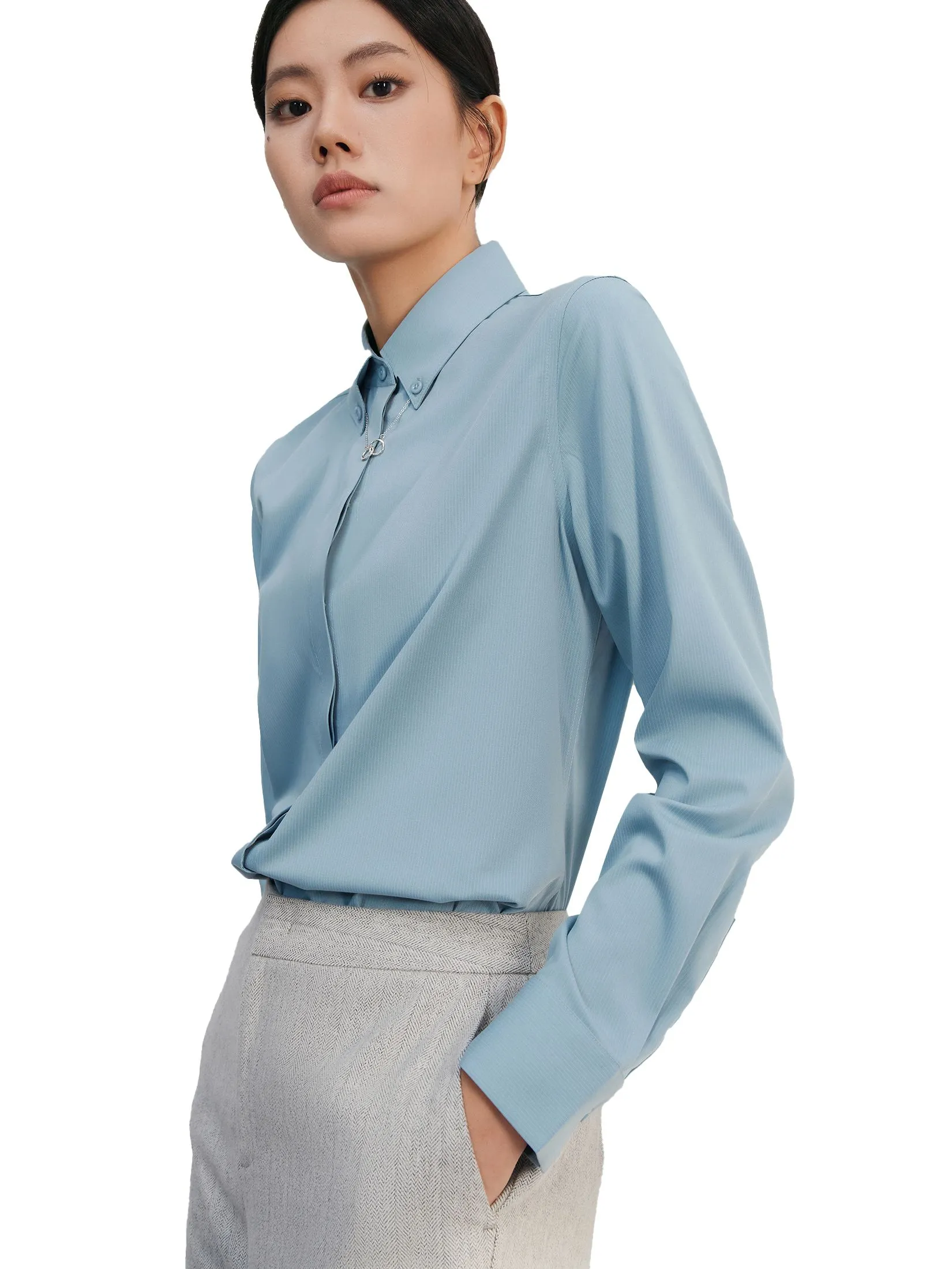 G2000 Women Clothing Modal Poly Spandex Dobby Twill With Detachable Necklace Shirt Slim Fit - Blue
