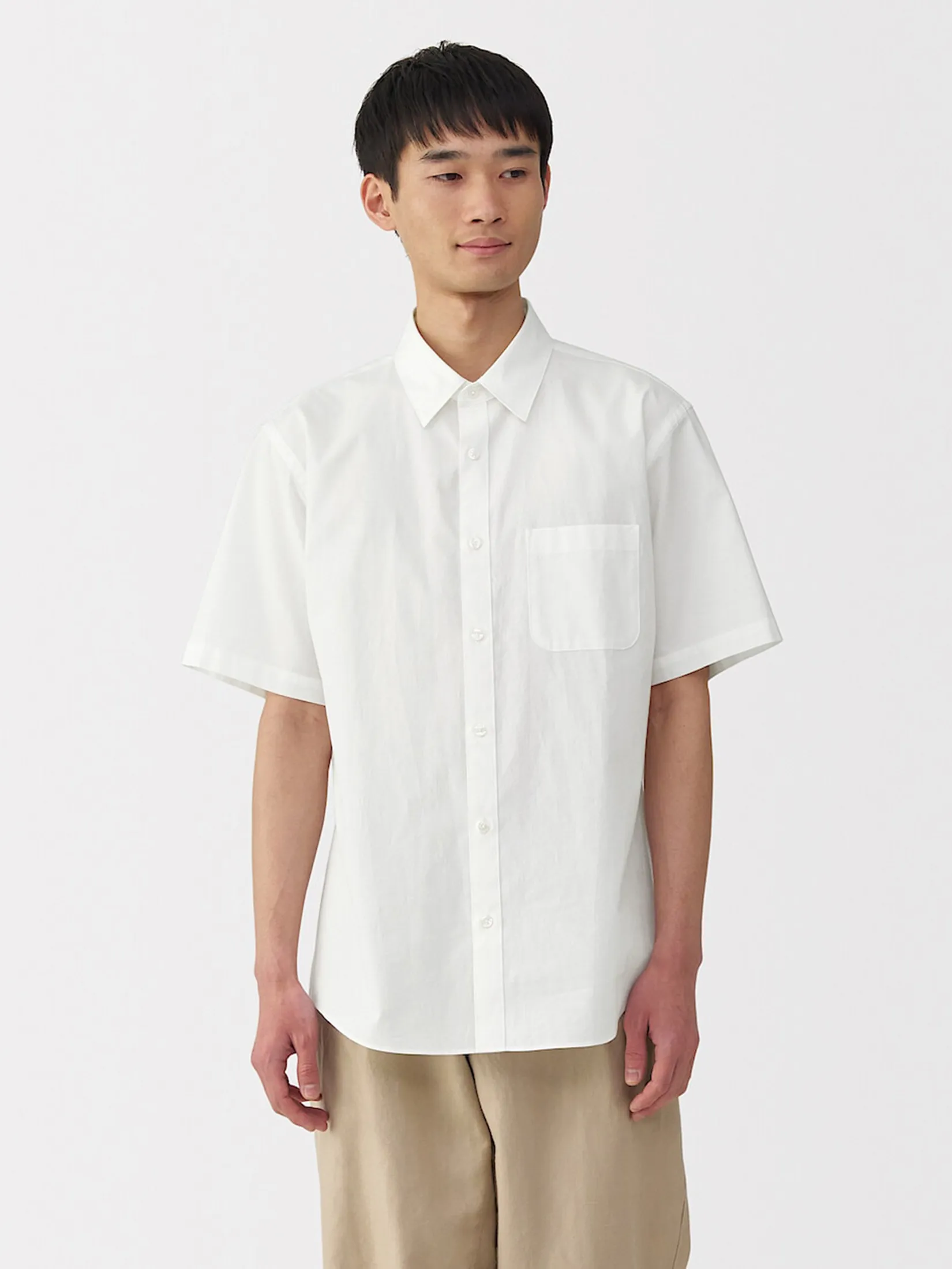 MUJI Men Shirt Short Sleeve Washed Broadcloth White