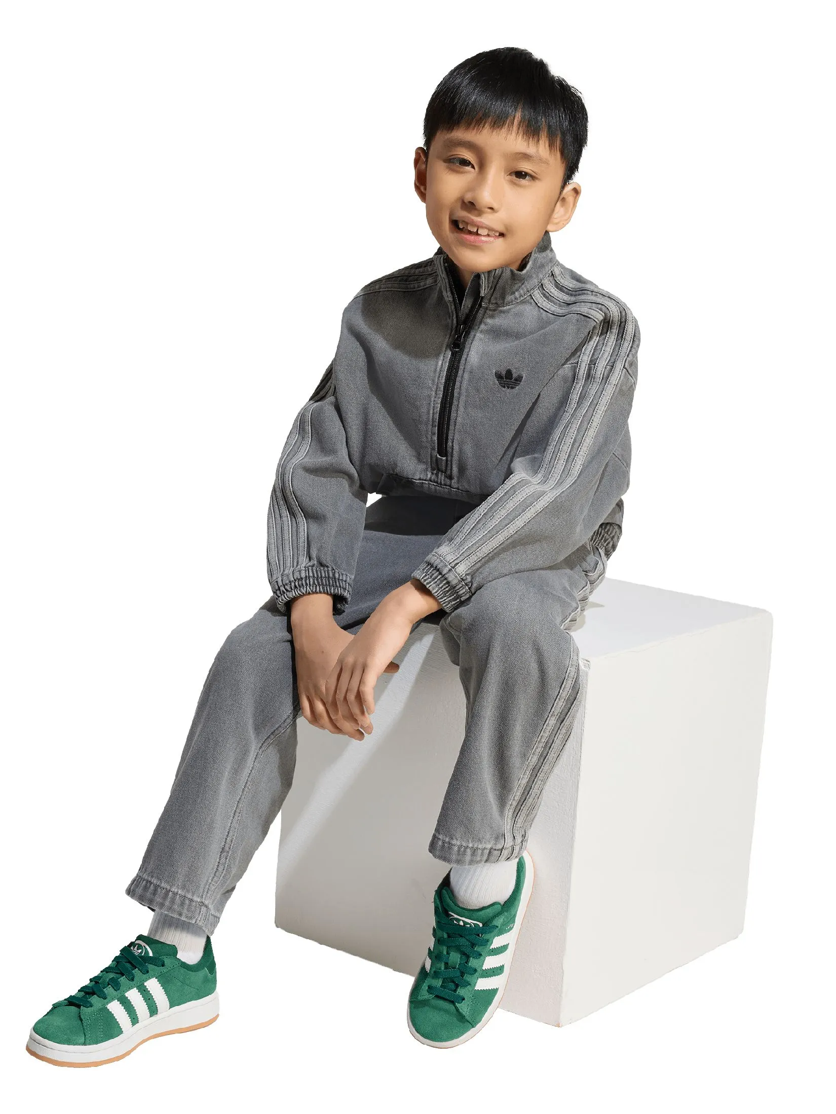 ADIDAS KIDS Unisex Toddler Denim Crew Jacket + Pants Set Grey Beige