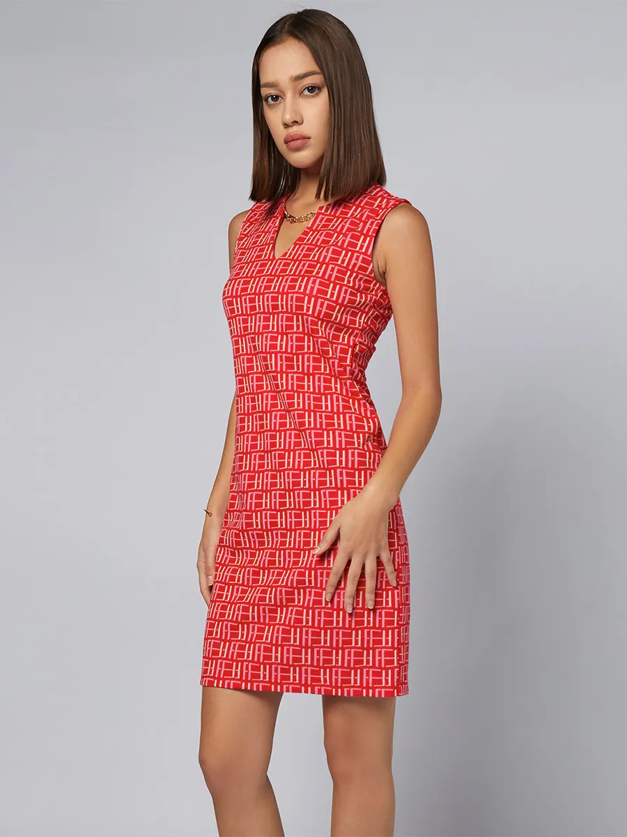F-FASHION FF Logo Monogram V-Neck Fitted Dress Women Red