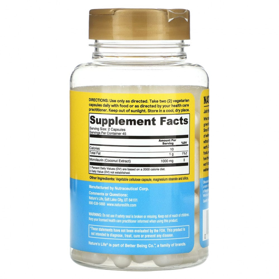 Nature's Life, Монолаурин, 90 вегетарианских капсул