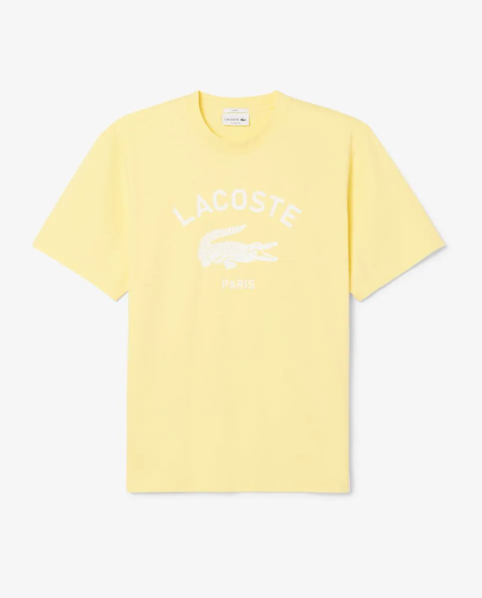 LACOSTE Signature Print Cotton T-Shirt Yellow