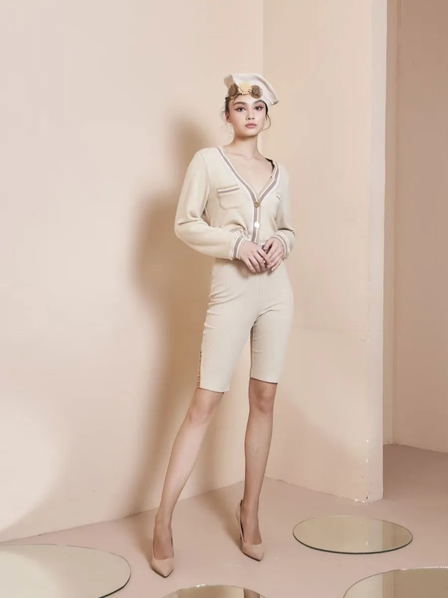 THEA BY THARA Button-Detailed Ribbed Stretch-Knit Shorts Cream