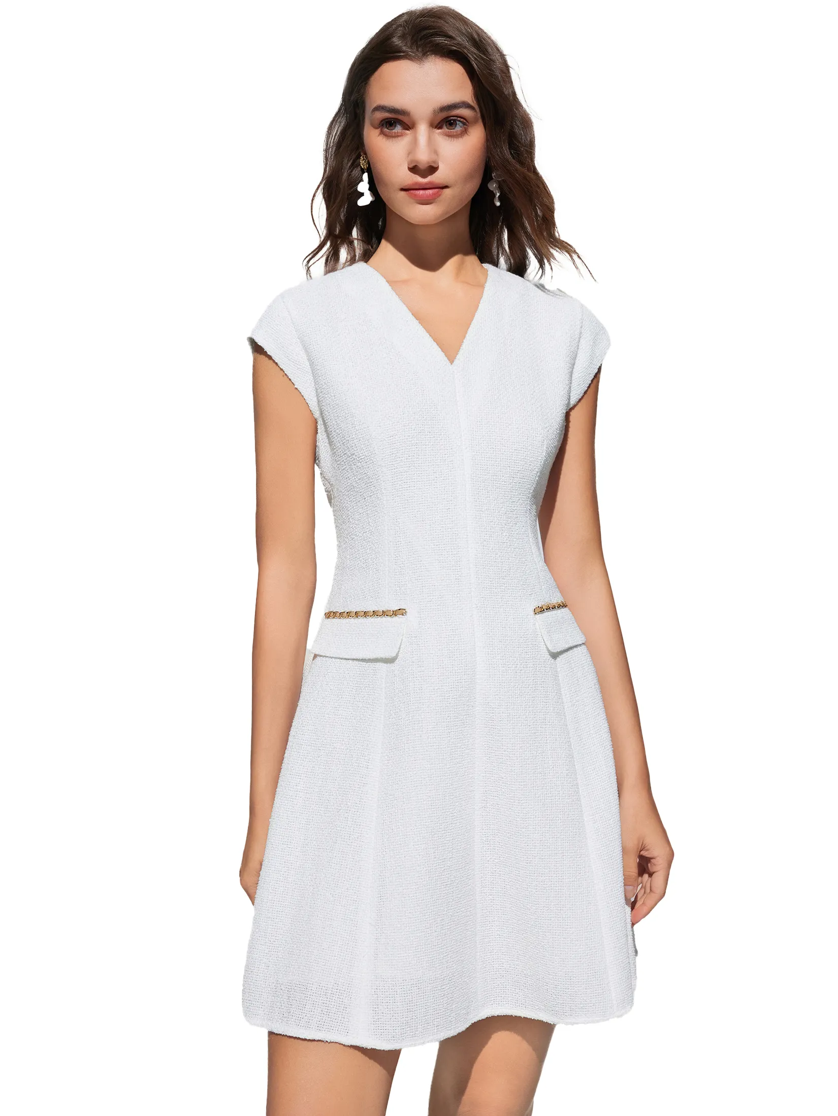 G2000 Women Clothing Tweed Flare Dress With Trims Fit & Flare Shape - Off-White