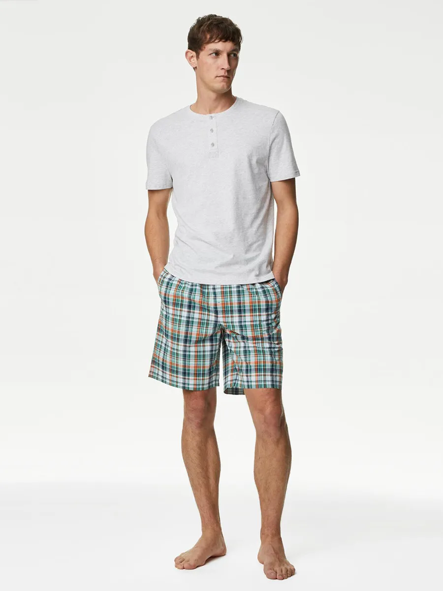 MARKS & SPENCER Men Pyjama T-Shirt + Shorts Set Pure Cotton Checked T4_Grey Mix