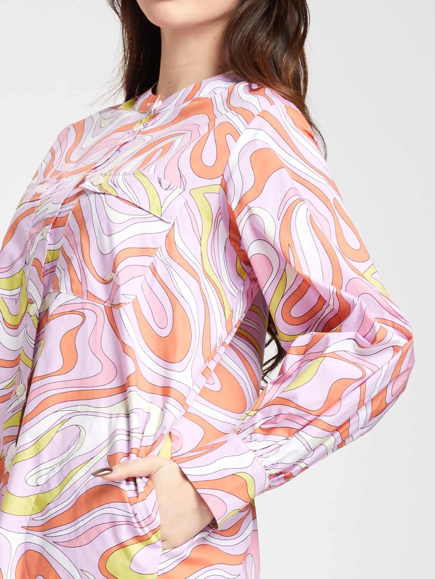 ALUMNUS Women Dress Long Sleeves Collar Two Pockets on Chest Print Pink