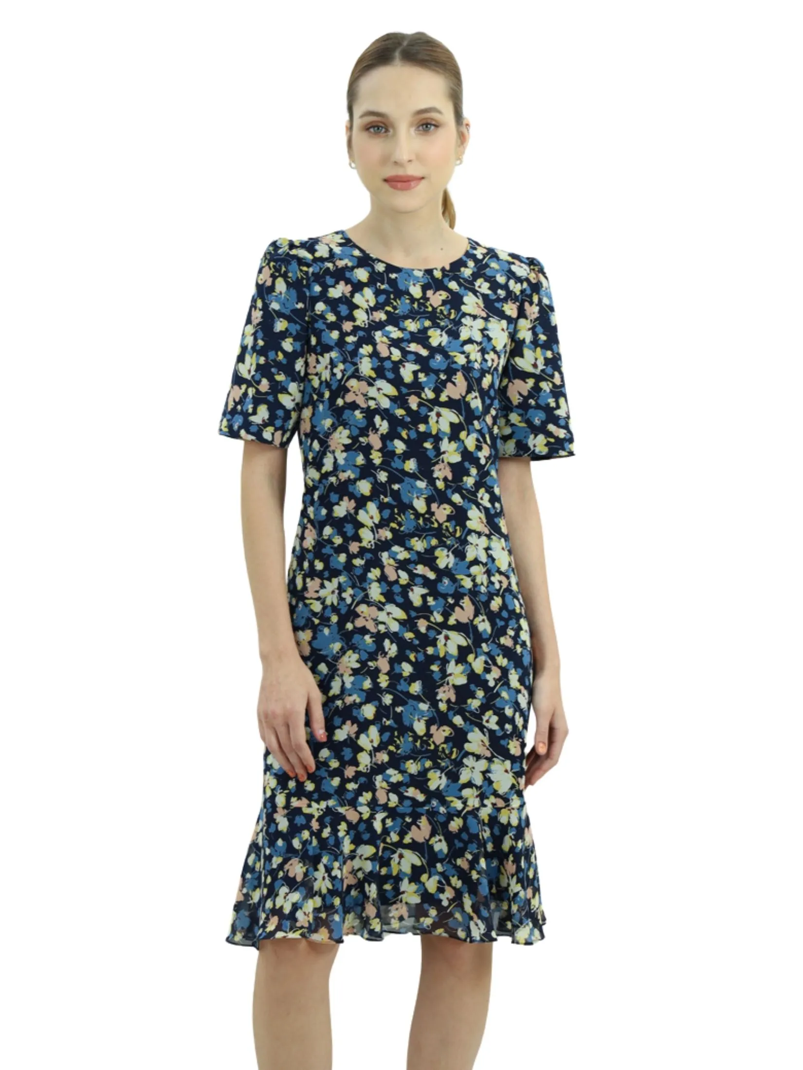 VERONIQA Women Dress Short Sleeves Chiffon Print Navy Blue