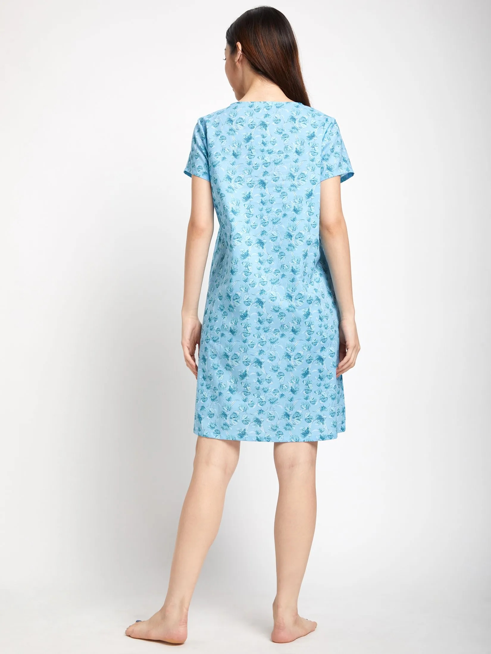 CLAUDIA'S ROMANCE Women Night Dress Short Sleeves V-Neck Floral Print Light Blue