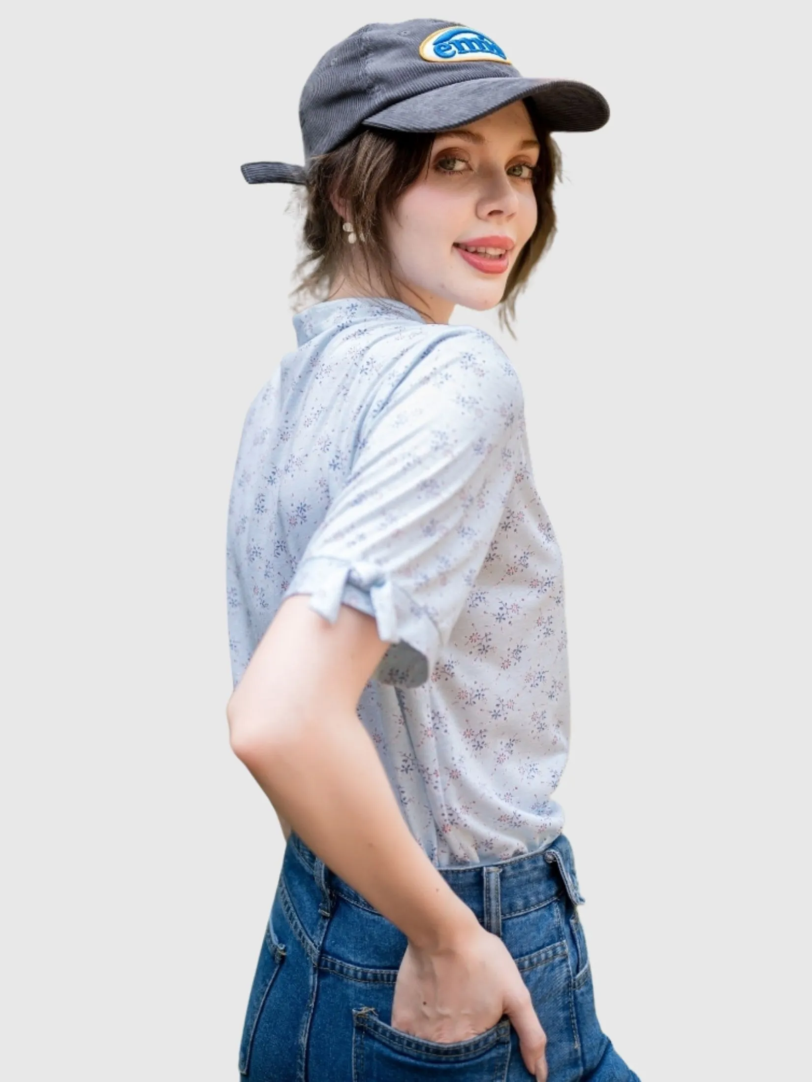 AMILA Women Blouse Short Sleeves Spun Print Blue