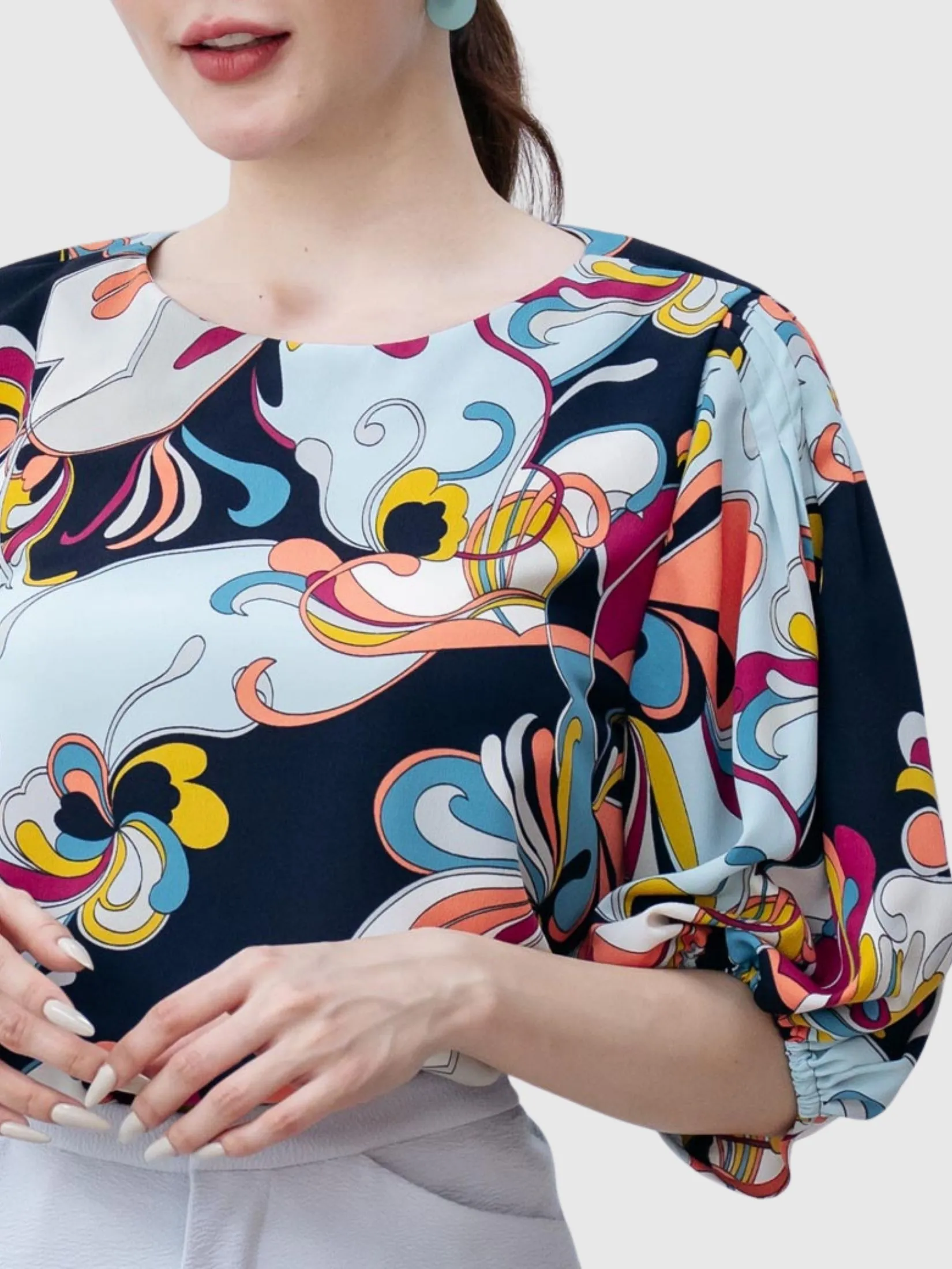 MIKIKO Women Blouse Long Sleeves Chiffon Dobby Navy Blue