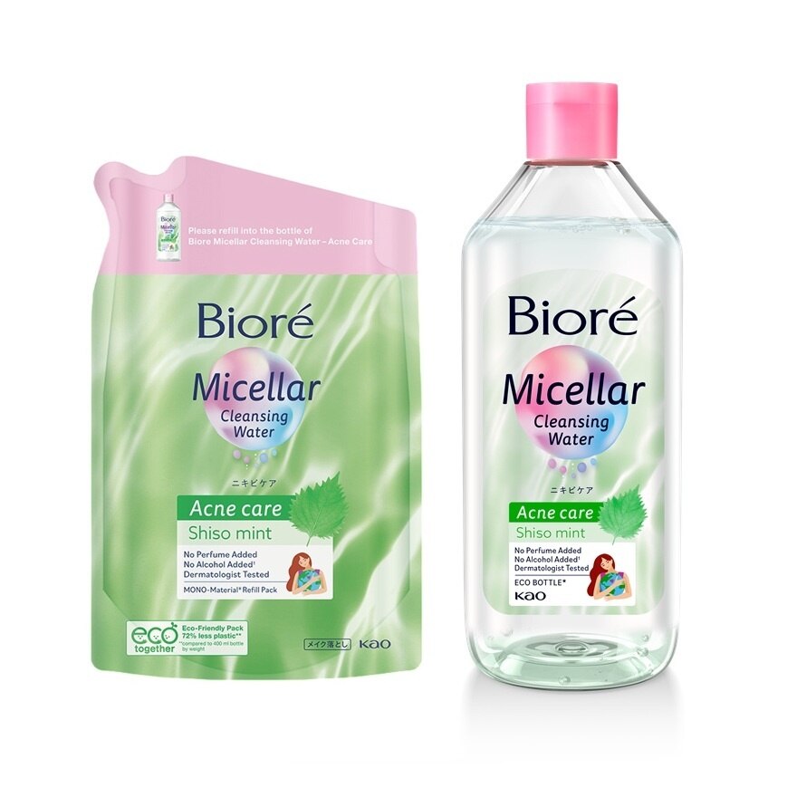 Biore Micellar Cleansing Water Acne Care 400 Ml. + Refill 330 Ml. - Green