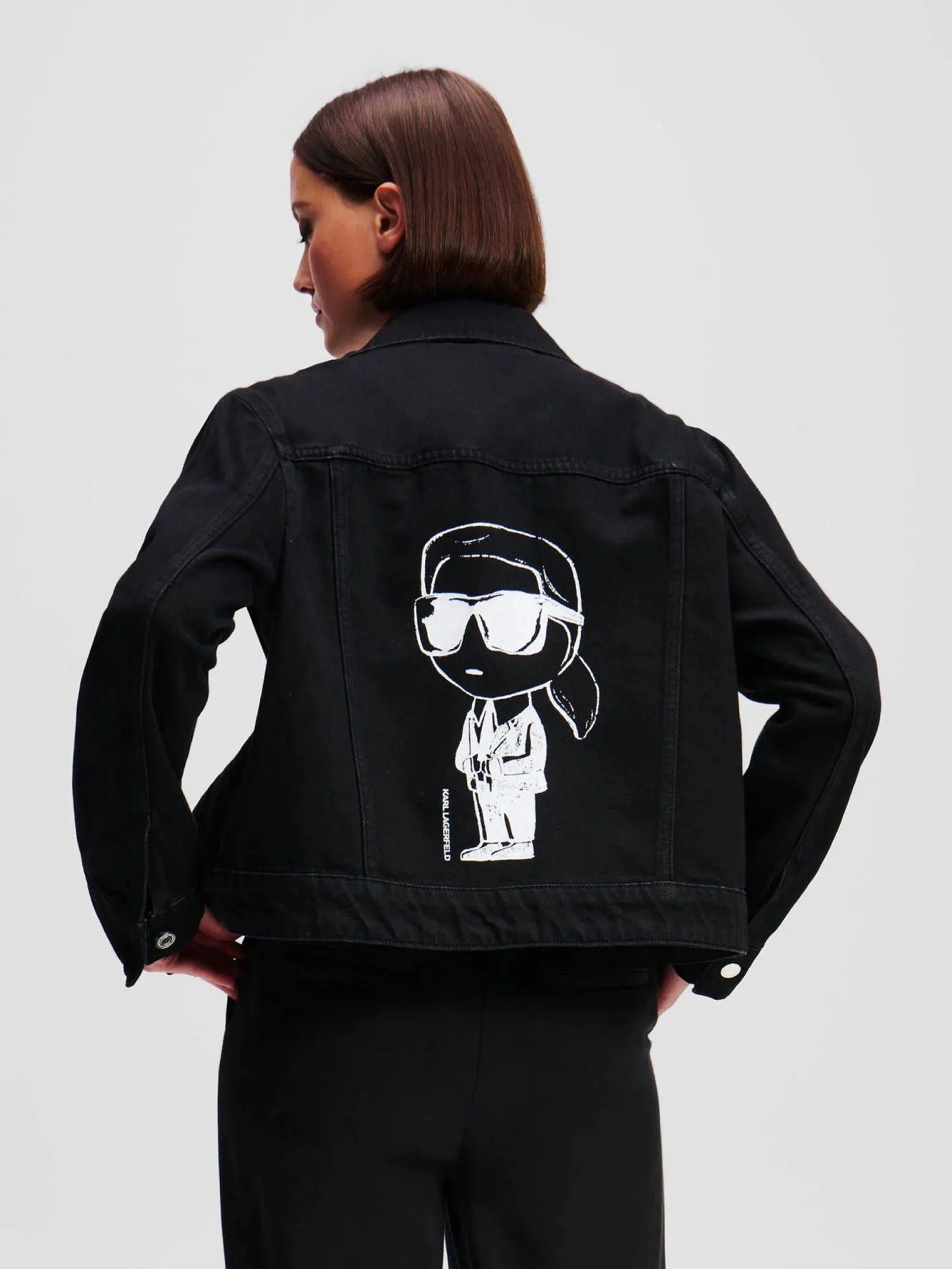 KARL LAGERFELD IKON PRINT DENIM JACKET BLACK DENIM