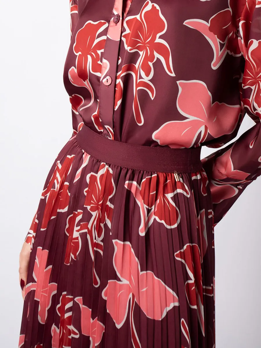 F-FASHION Pleated Chiffon Skirt in Floral Print Women Maroon