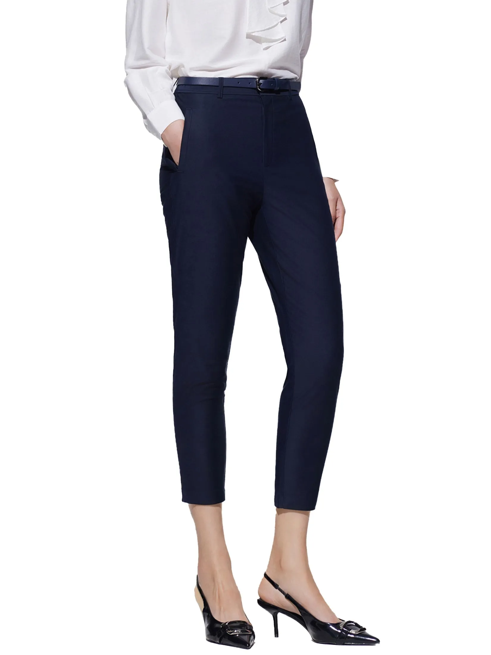 G2000 Women Clothing Cotton Modal Capri Skinny Casual Pants With Belt Capri Skinny Shape - Navy