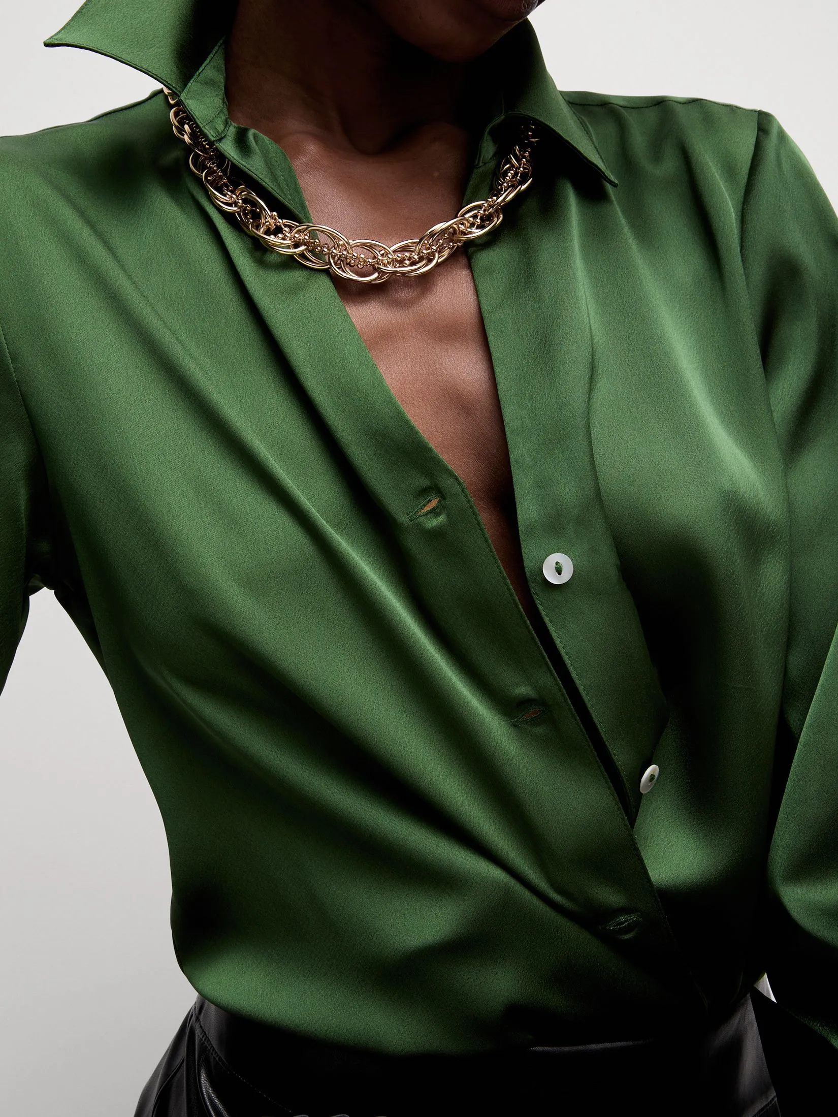 MARKS & SPENCER Women Shirt Satin Collared Button Through Forest Green
