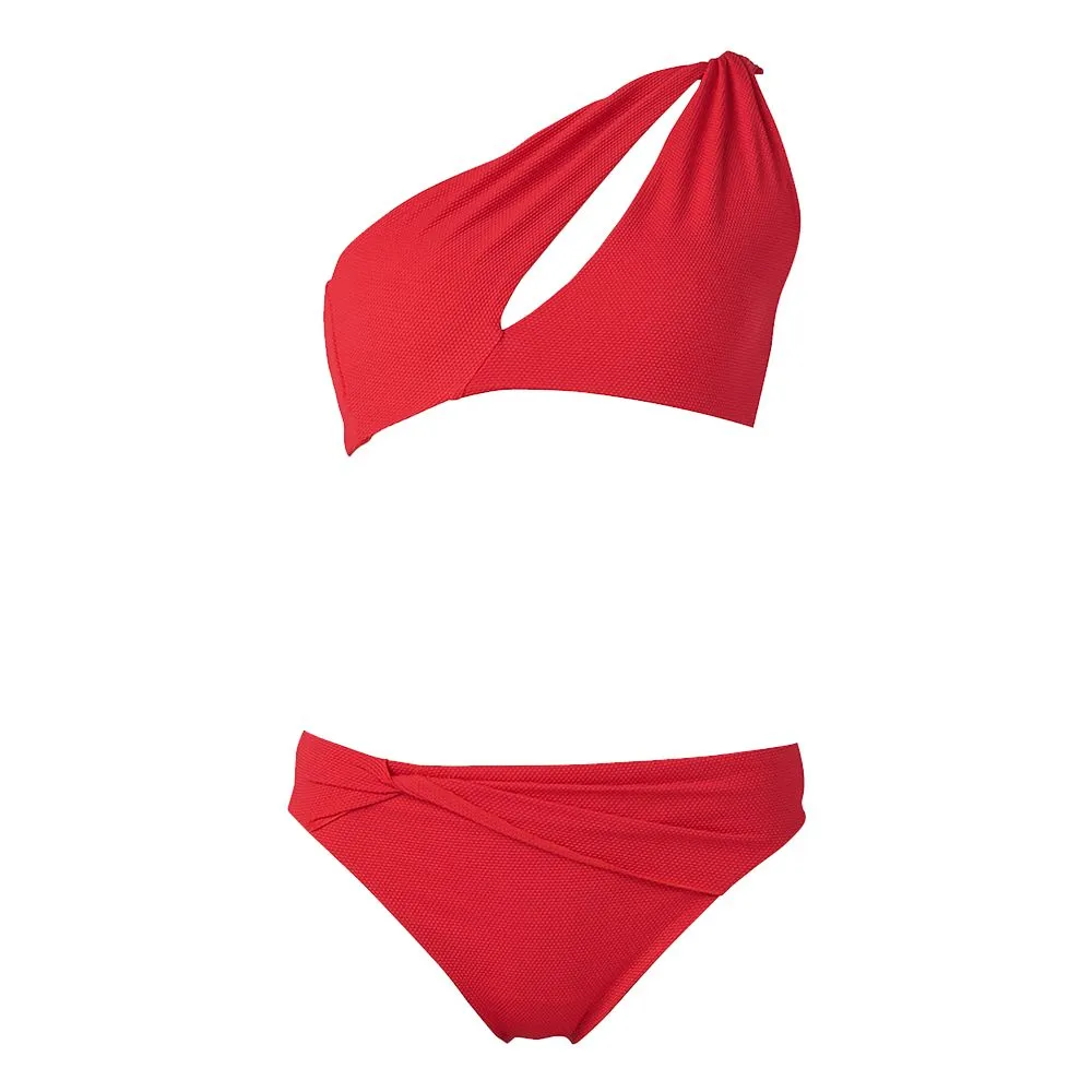ANGELYS BALEK Red  Front Cutout One Shoulder Bikini & Mid Brief Women Swimsuit