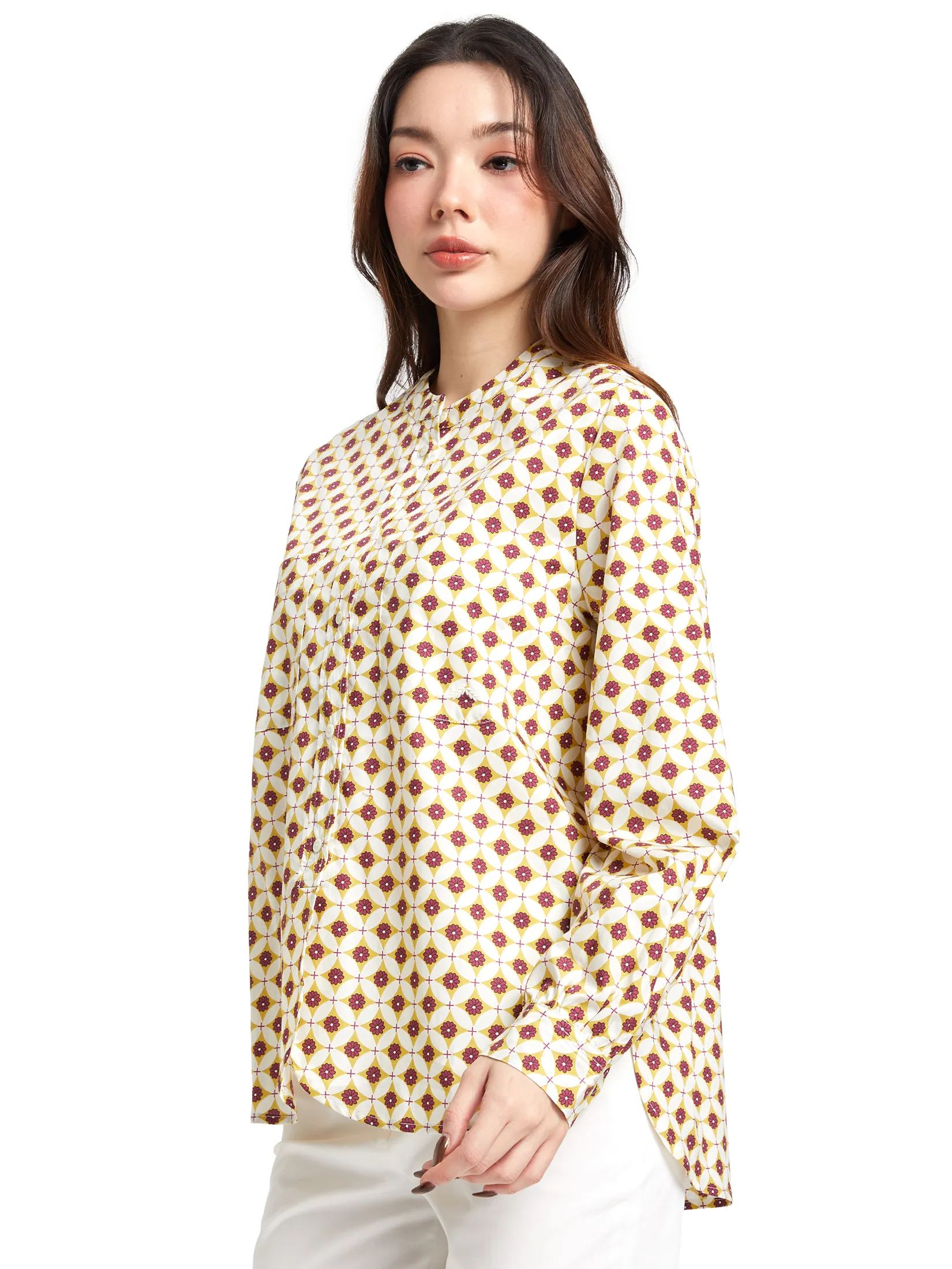 ALUMNUS Women Shirts Long Sleeves Gathered Cuff Stand Collar Print Burgundy Size - L