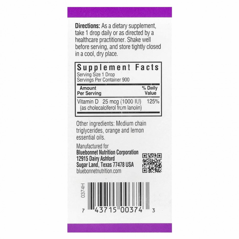 Bluebonnet Nutrition, Жидкий витамин D3, в каплях, натуральный цитрусовый вкус, 1,000 МЕ, 1 жидкая унция (30 мл)