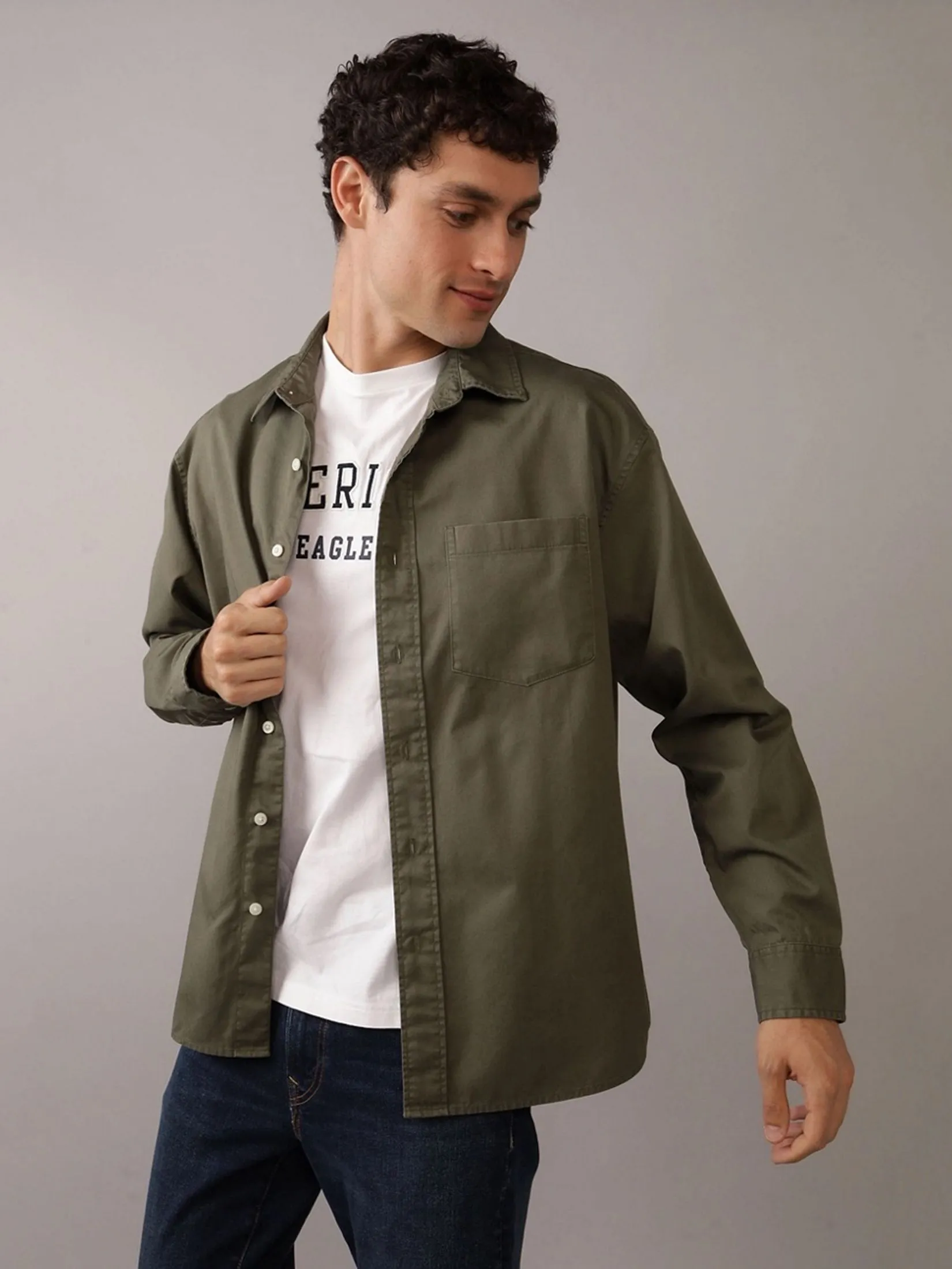 AMERICAN EAGLE MEN OLIVE TINT OVERSIZED CSC SHIRTING CHINO SHIRT 378 GREEN FLASH