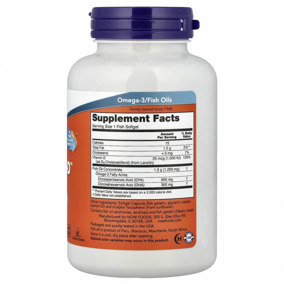 NOW Foods, ультраомега-3, 600 ЭПК / 300 ДГК, 90 капсул из рыбьего желатина