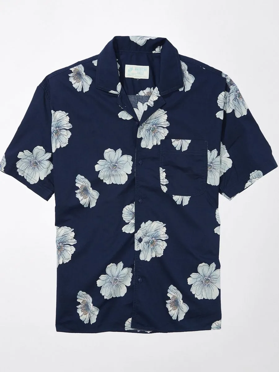 AMERICAN EAGLE MEN BENNY FLORAL OVERSIZED COTTON RAYON SHIRT 410 NAVY