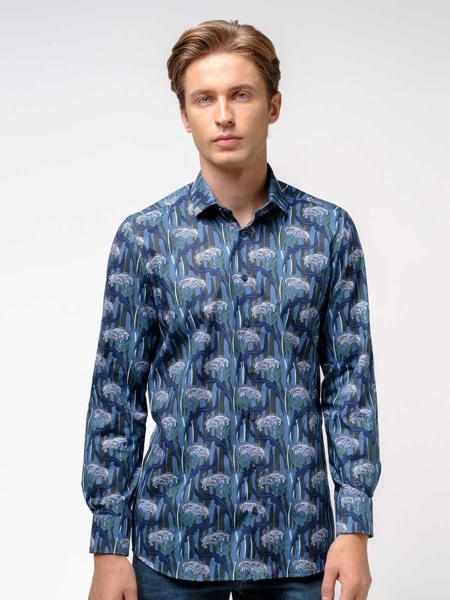 OLYMP MEN SHIRT LONG SLEEVES BODY  FIT FLOWER GRAPHIC PRINT BLUE