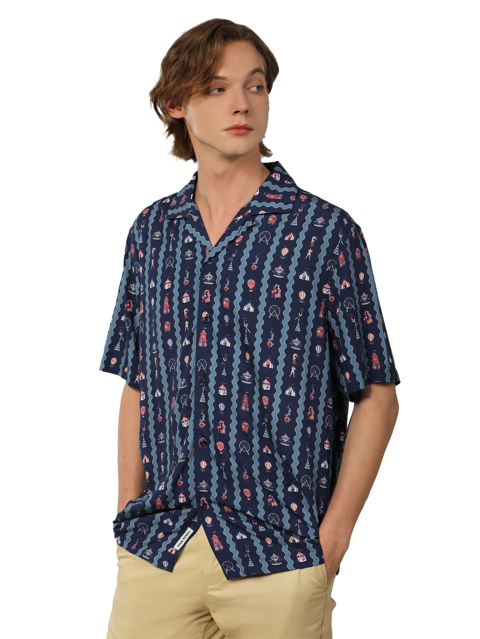 JOHN HENRY Men's Short Sleeves Hawaii Shirts (Relaxed Fit) MERRIMENT Navy