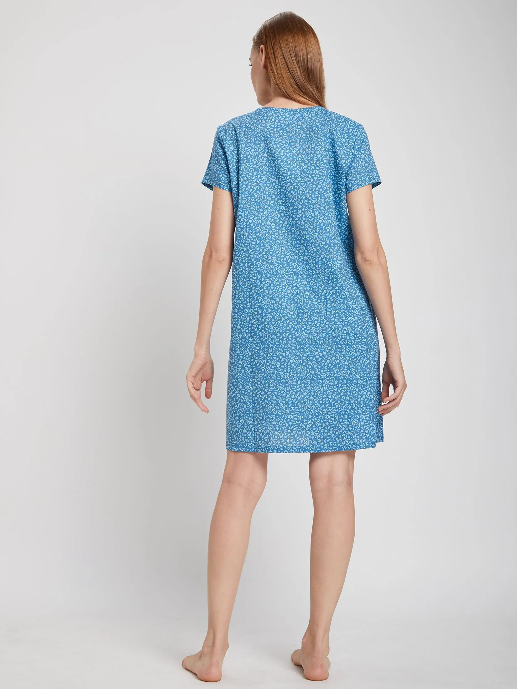 CLAUDIA'S ROMANCE Women Pyjamas Dress Short Sleeves Crew Neck Print Navy