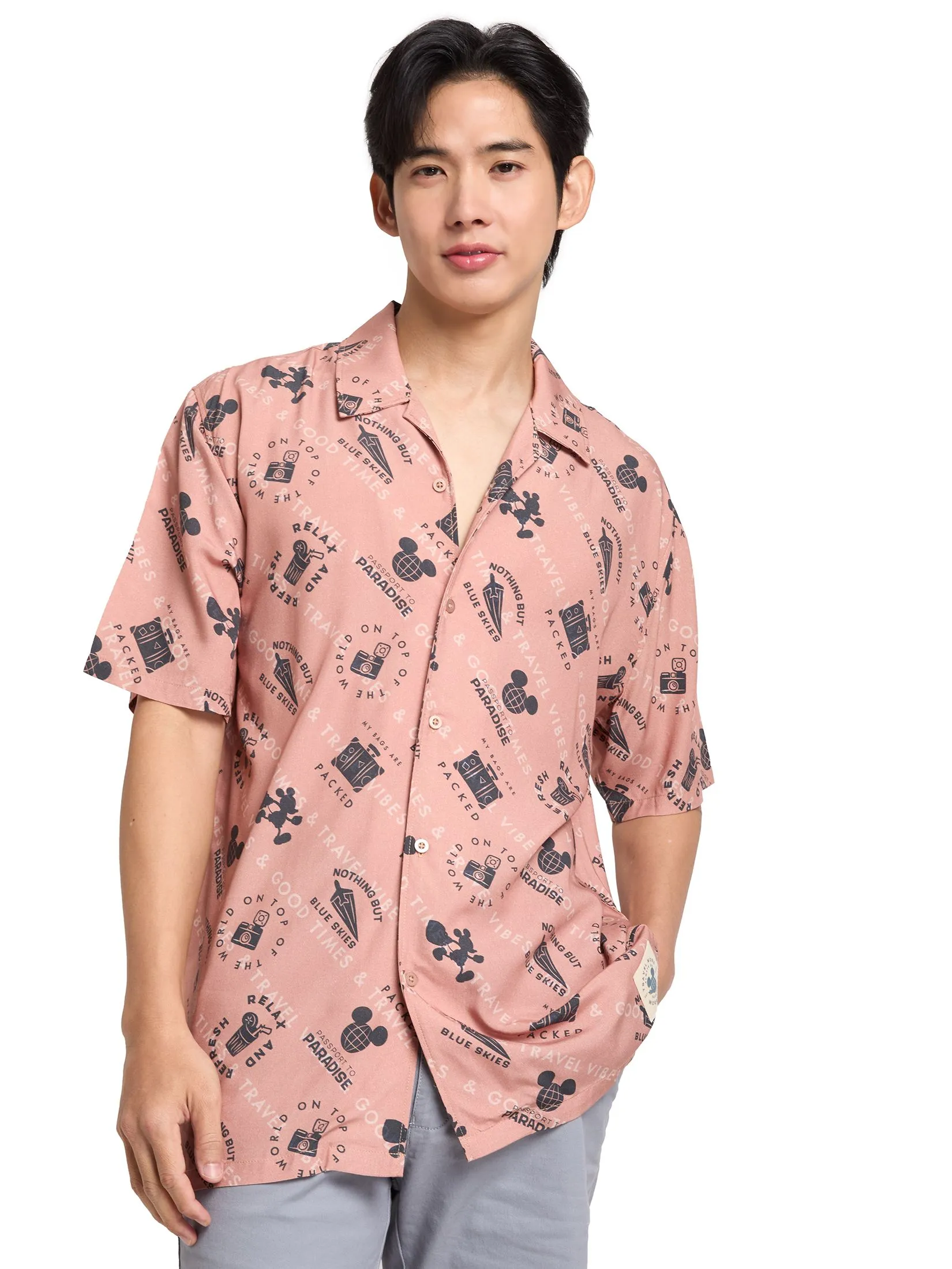 PACIFIC UNION Men Oversized Shirt Short Sleeves Mickey Mouse Graphic Printed Brown