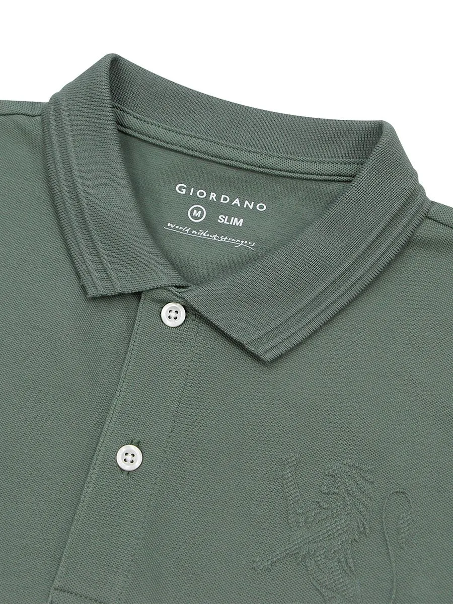 GIORDANO Men's Lycra Pique Embroidery Polo (3D Lion)  Laurel wreath green