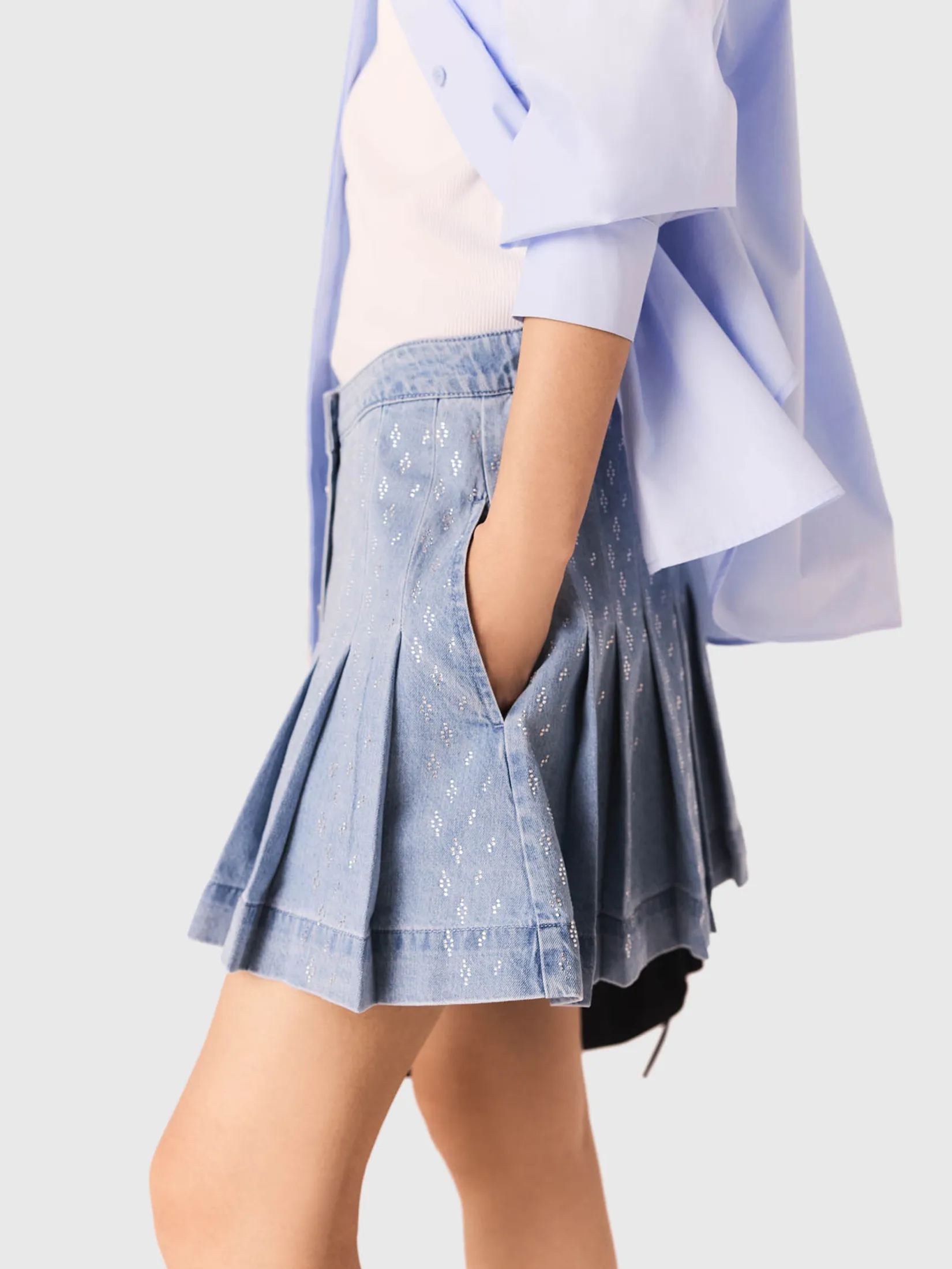 MAJE Women Denim Skirt Rhinestone Pleated