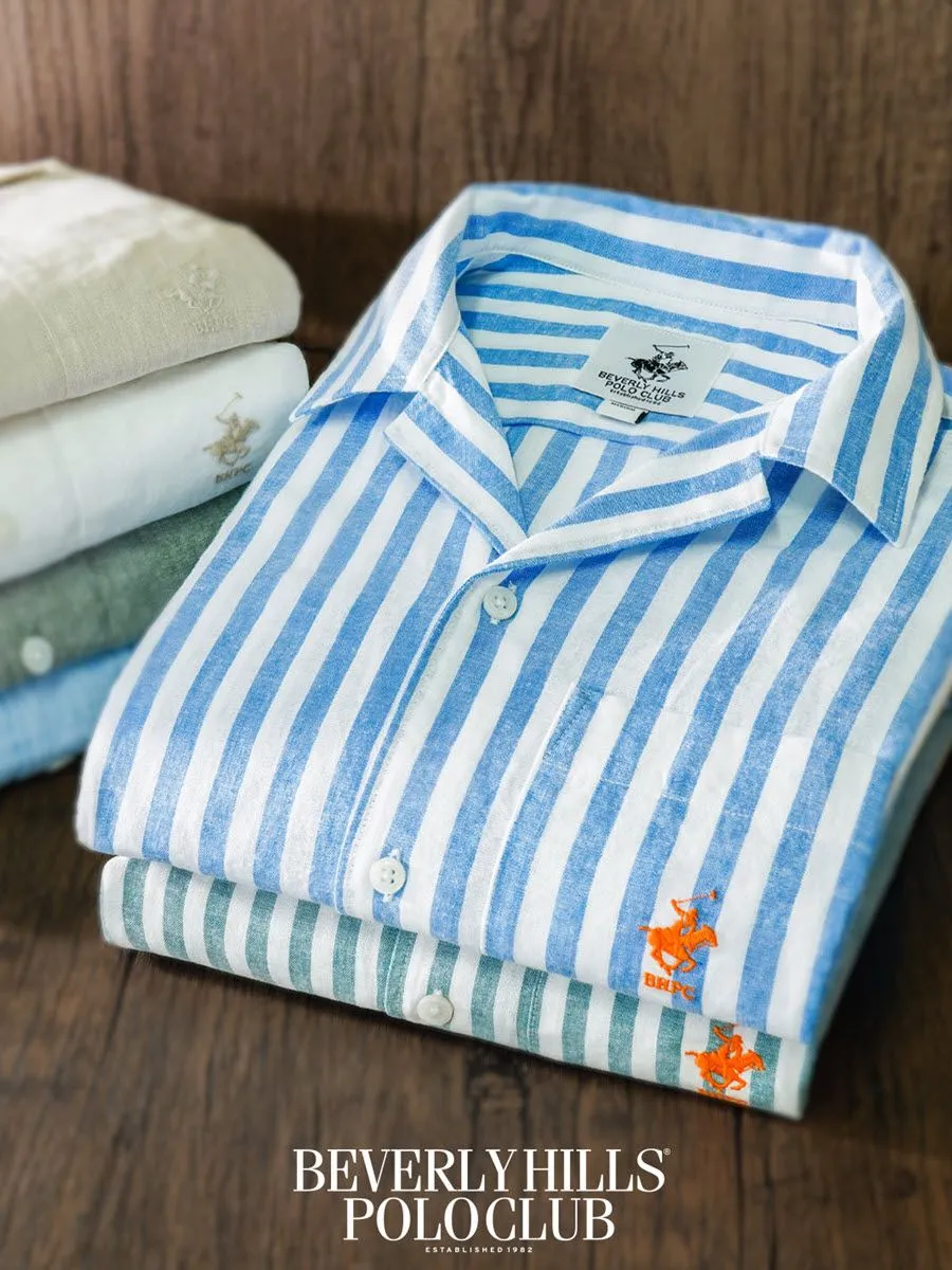BEVERLY HILLS POLO CLUB Men Cotton Linen Open Collar Shirt Short Sleeve, Striped