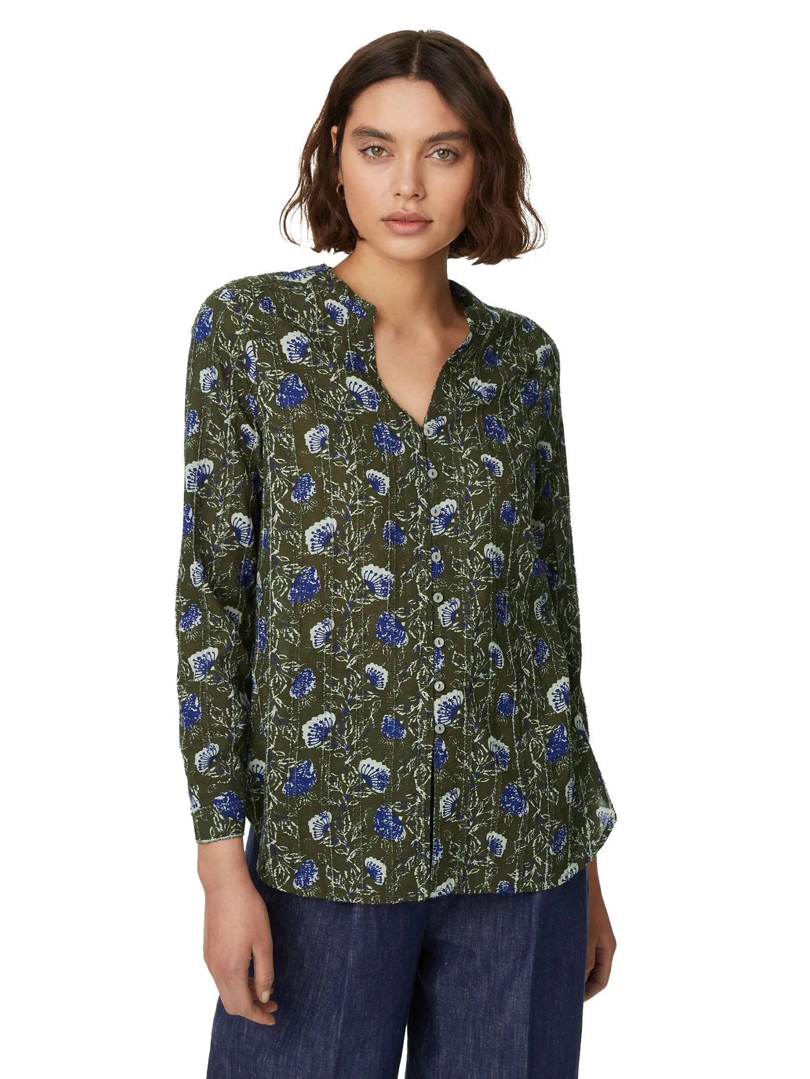 MARKS & SPENCER Women Shirt V-Neck Pure Cotton Printed Textured Multi Size - 10 Petite