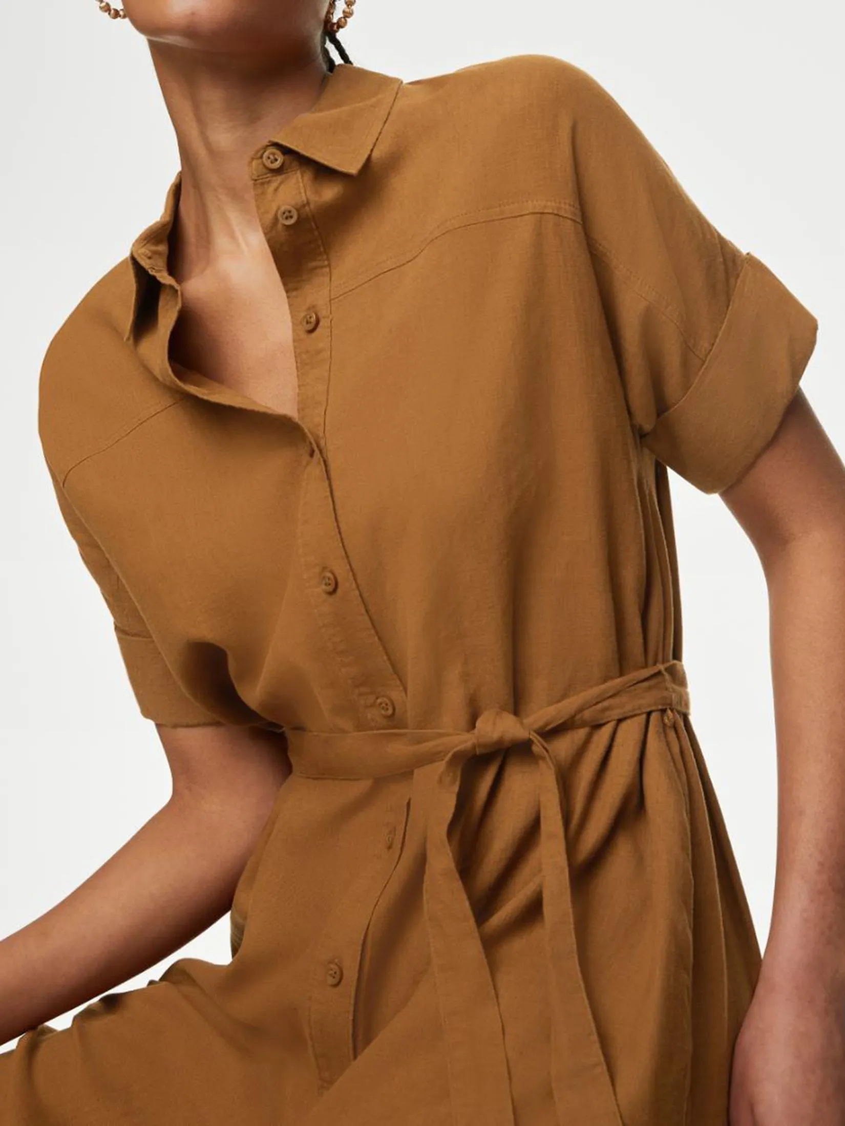 MARKS & SPENCER Women Midi Dress Linen Rich Button Through