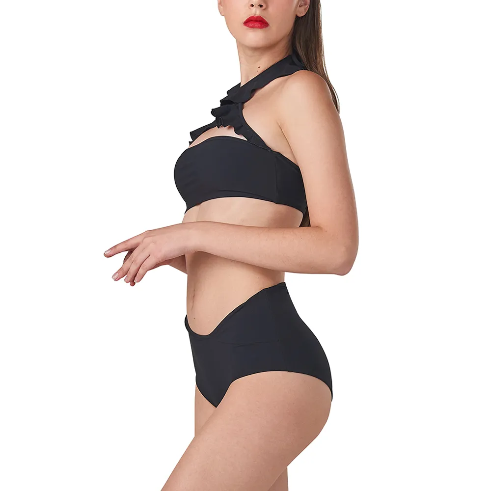 ANGELYS BALEK Black Free Form Ruffle Neck Bikini &High Waist Brief Women Swimsuit