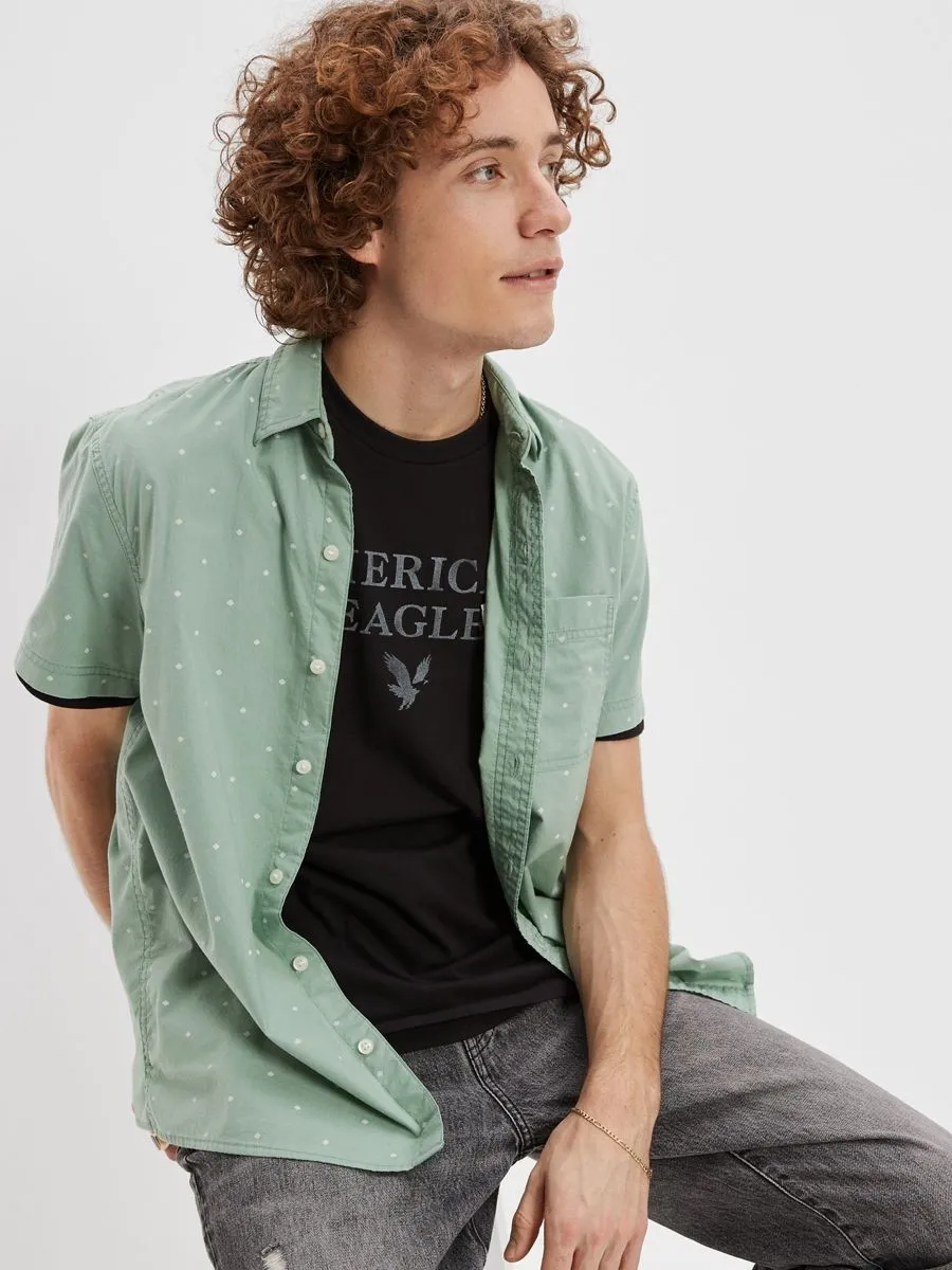 AMERICAN EAGLE MEN POPLIN CAIL GEO BLEACH WASH SHIRT DRIED SAGE