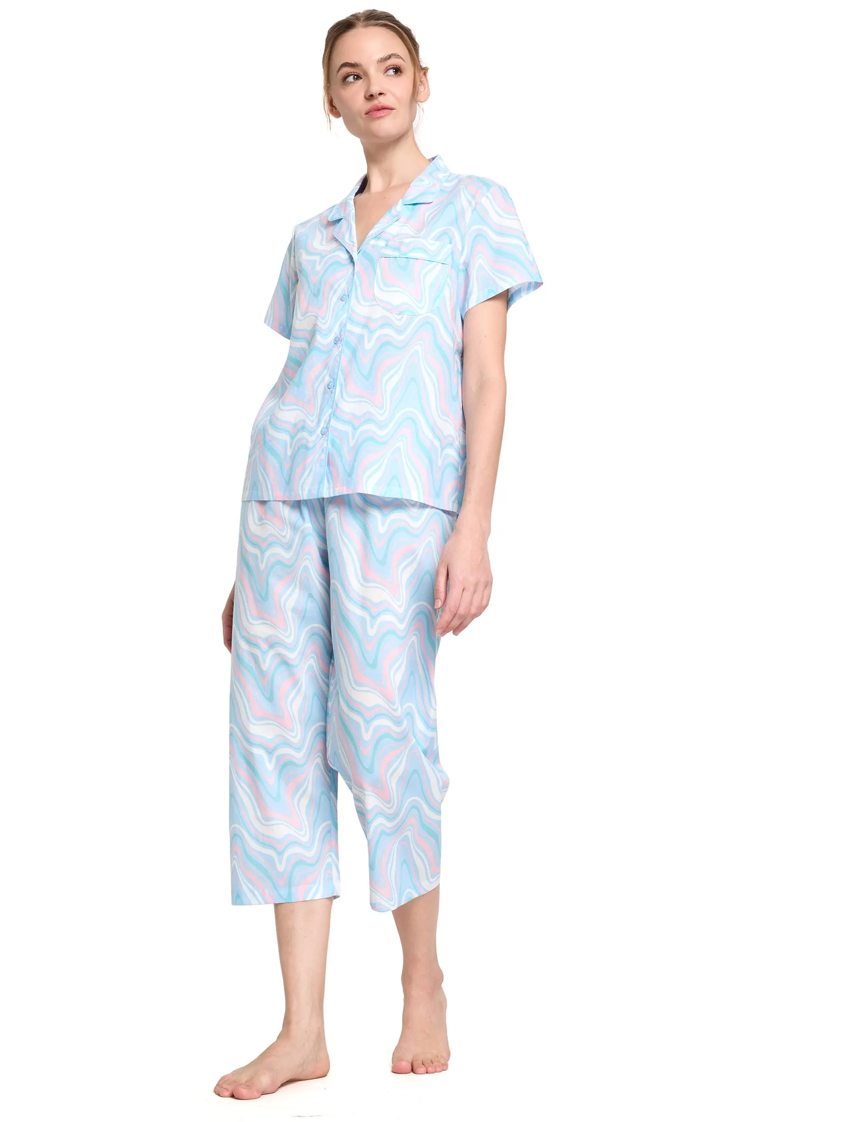 CLAUDIA'S ROMANCE Women Pyjamas Shirt Short Sleeves Hawaiian Collar + Cropped Pants Marble Swirl Light Blue