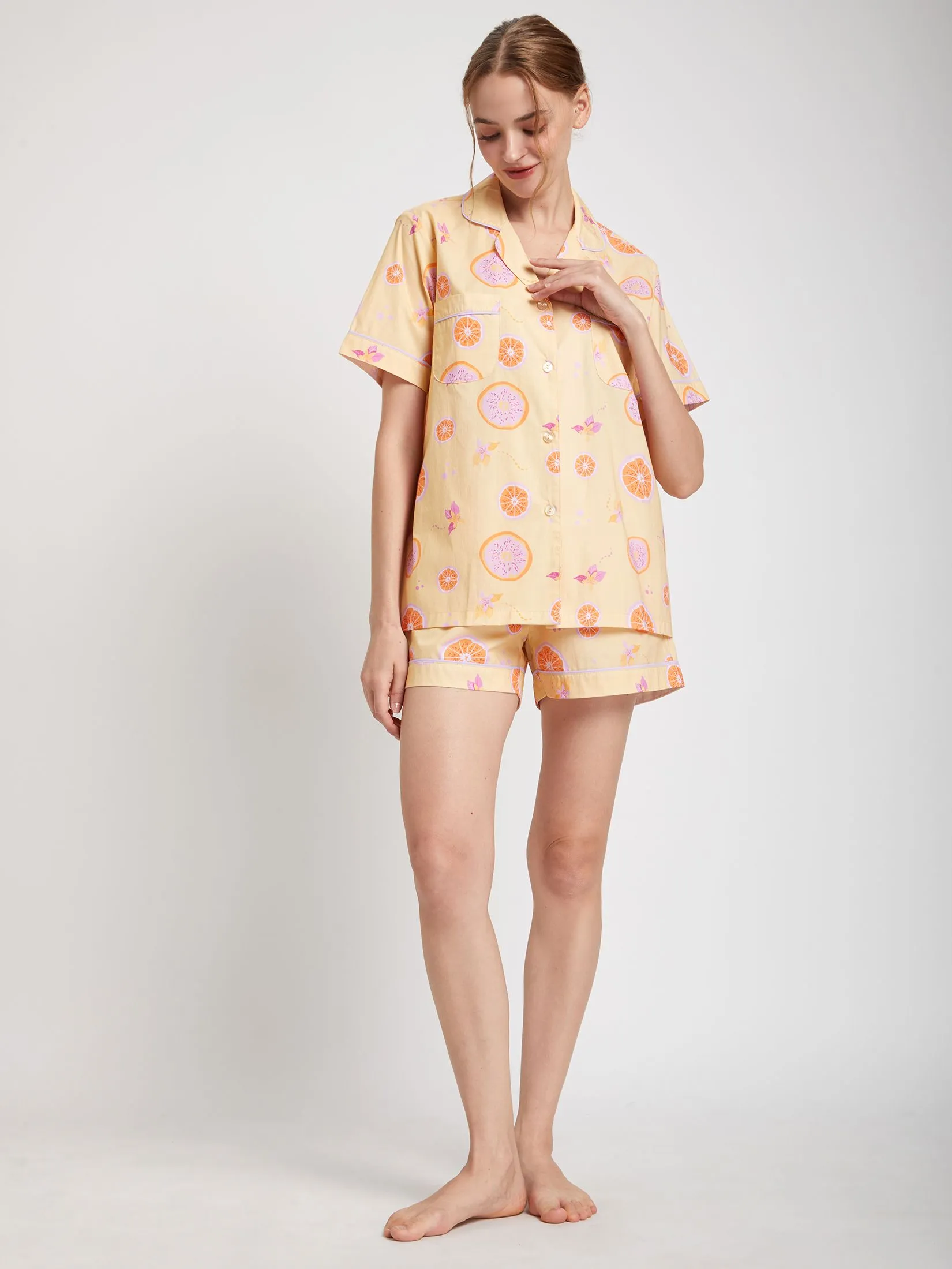 FOF Women Pyjamas Shirt Short Sleeves Collar Neck + Shorts Lemon Print Yellow