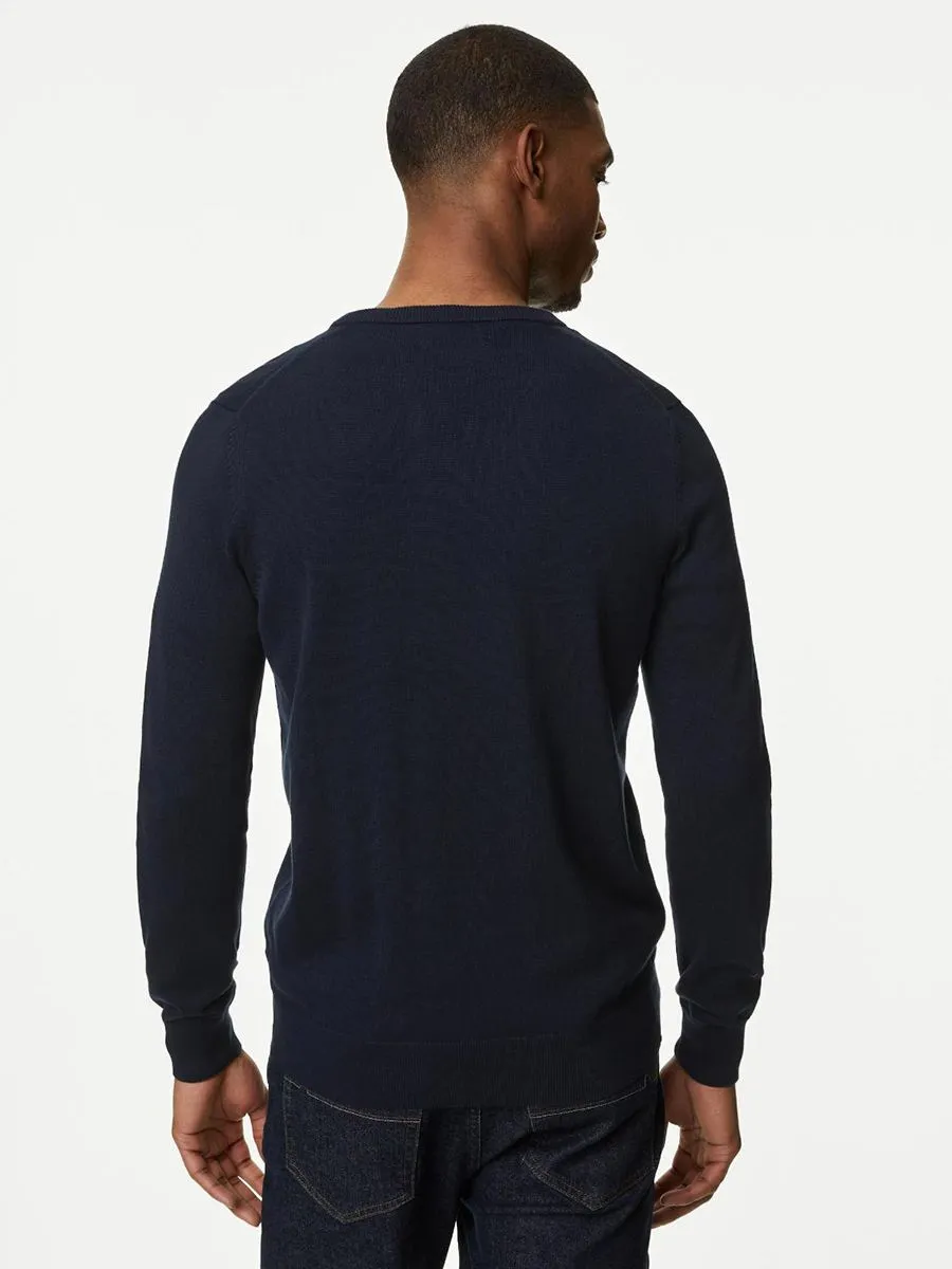 MARKS & SPENCER Men Jumpers V-Neck Pure Cotton Knitted F0_Navy