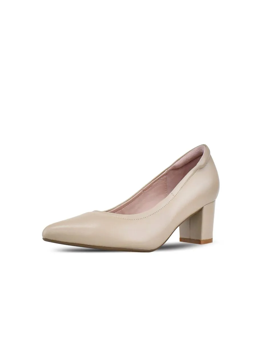 SIRENA Beige Leather Court Shoes Pointed Toe Blocked Heel 2 inch Hera