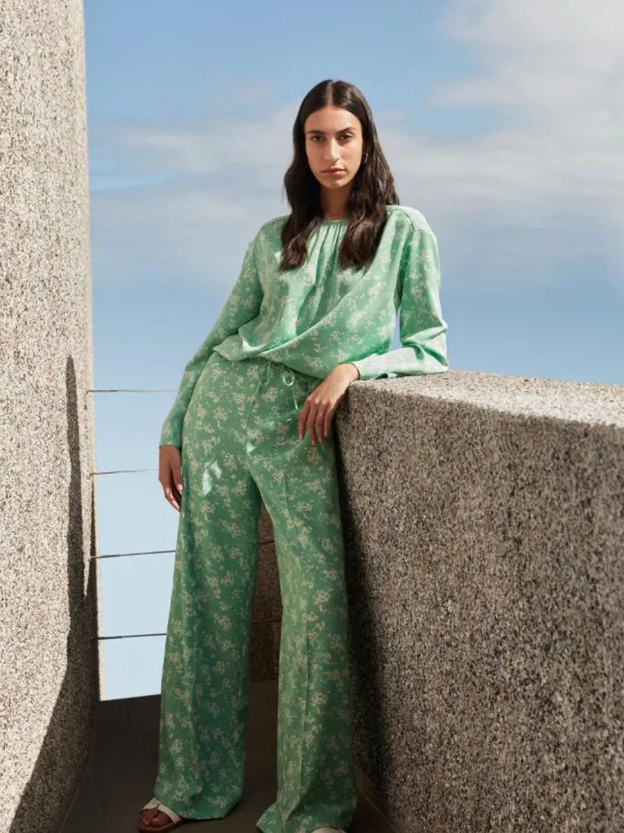 MARKS & SPENCER Women Trousers Floral Drawstring Wide Leg Green Mix