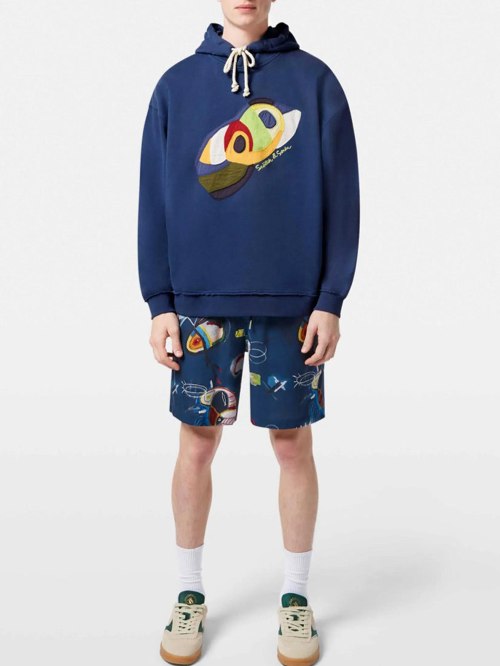 SCOTCH&SODA Men Hoodie Loose Fit Applique Atlantic Blue