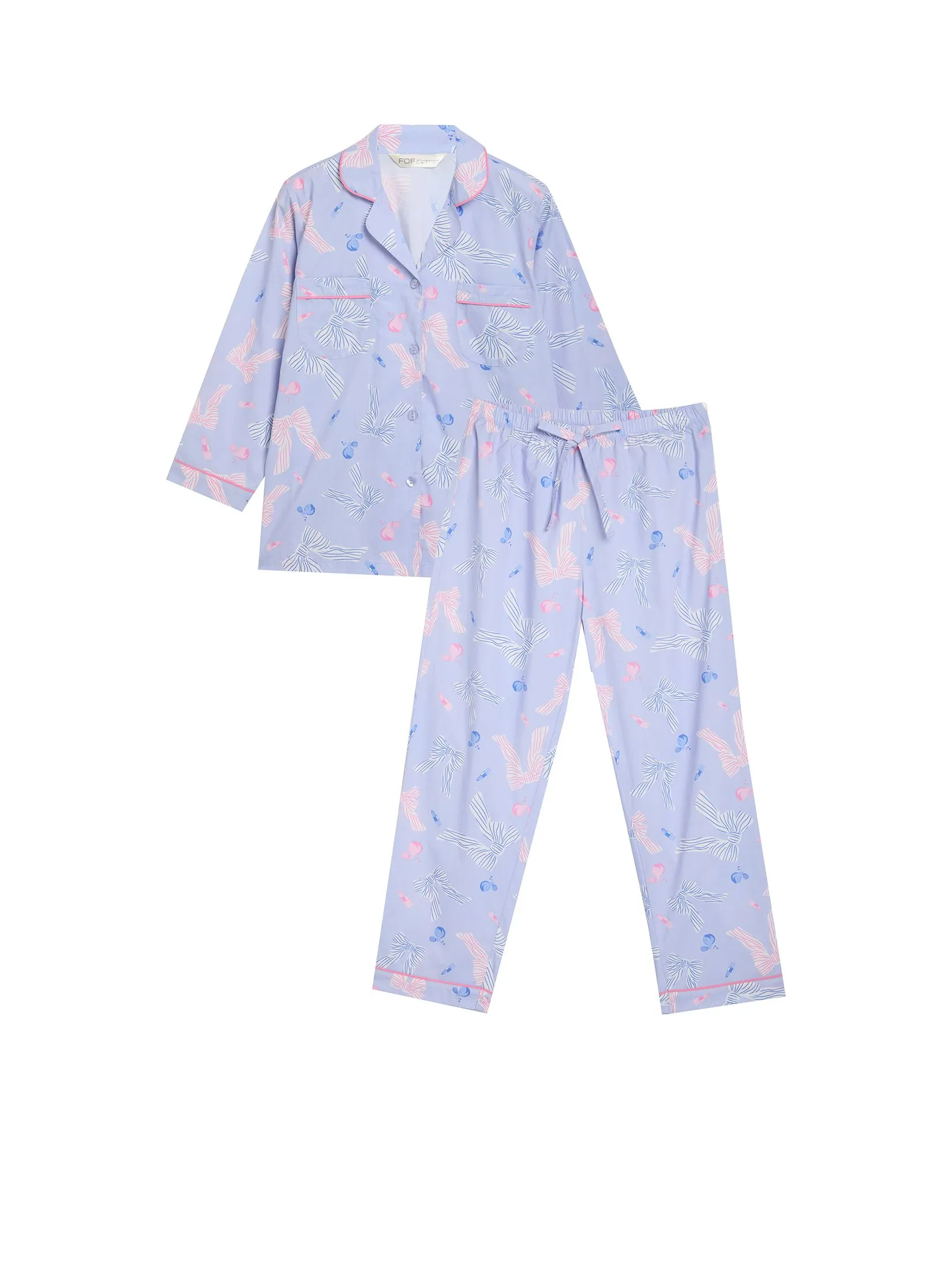 FOF Women Sleepwear Shirt Long Sleeves Collar + Pants Bow Light Purple