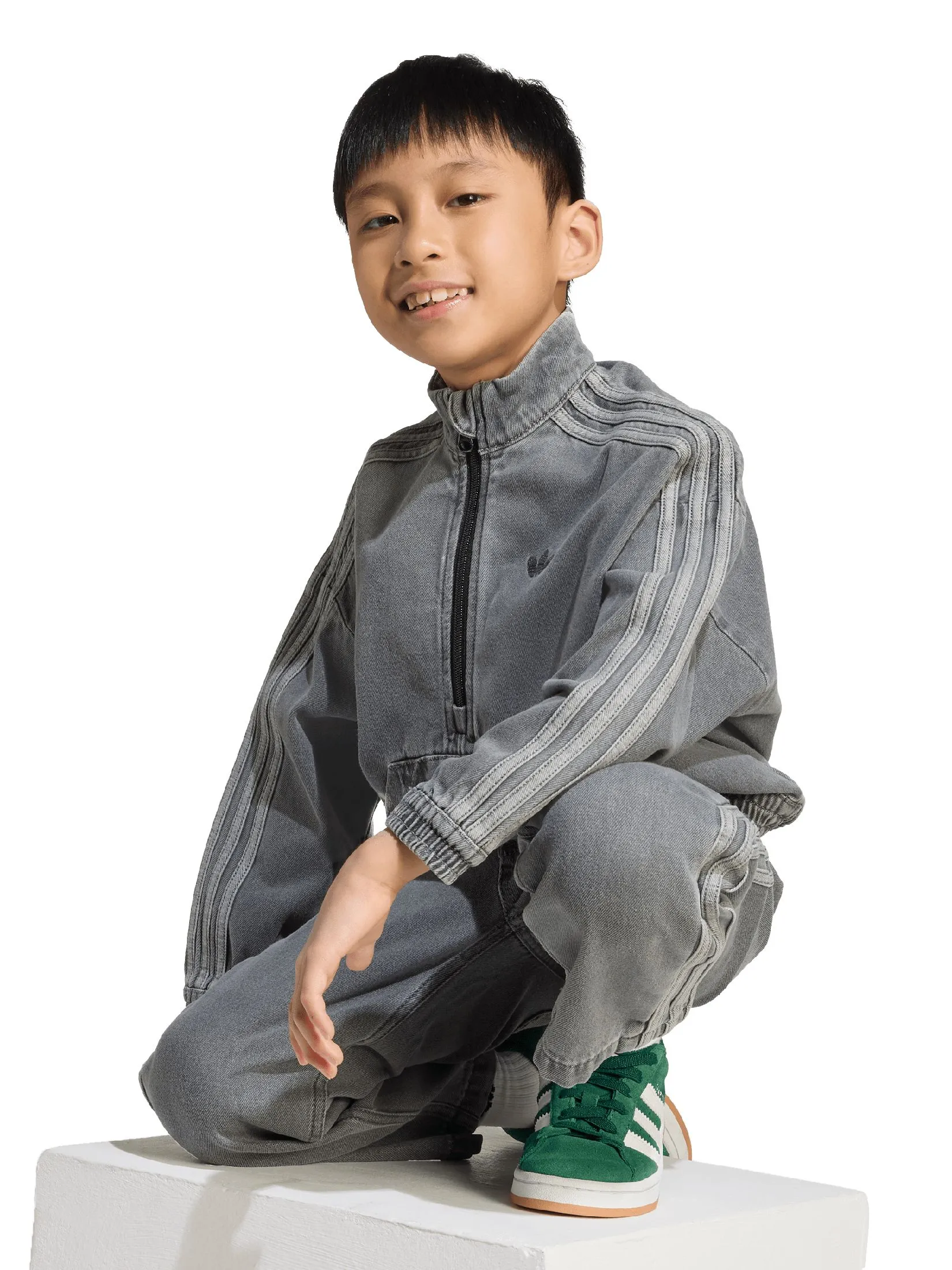 ADIDAS KIDS Unisex Toddler Denim Crew Jacket + Pants Set Grey Beige