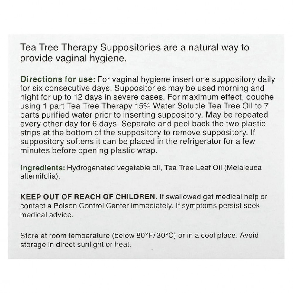 Tea Tree Therapy, cвечи с маслом чайного дерева для гигиены влагалища, 6 свечей