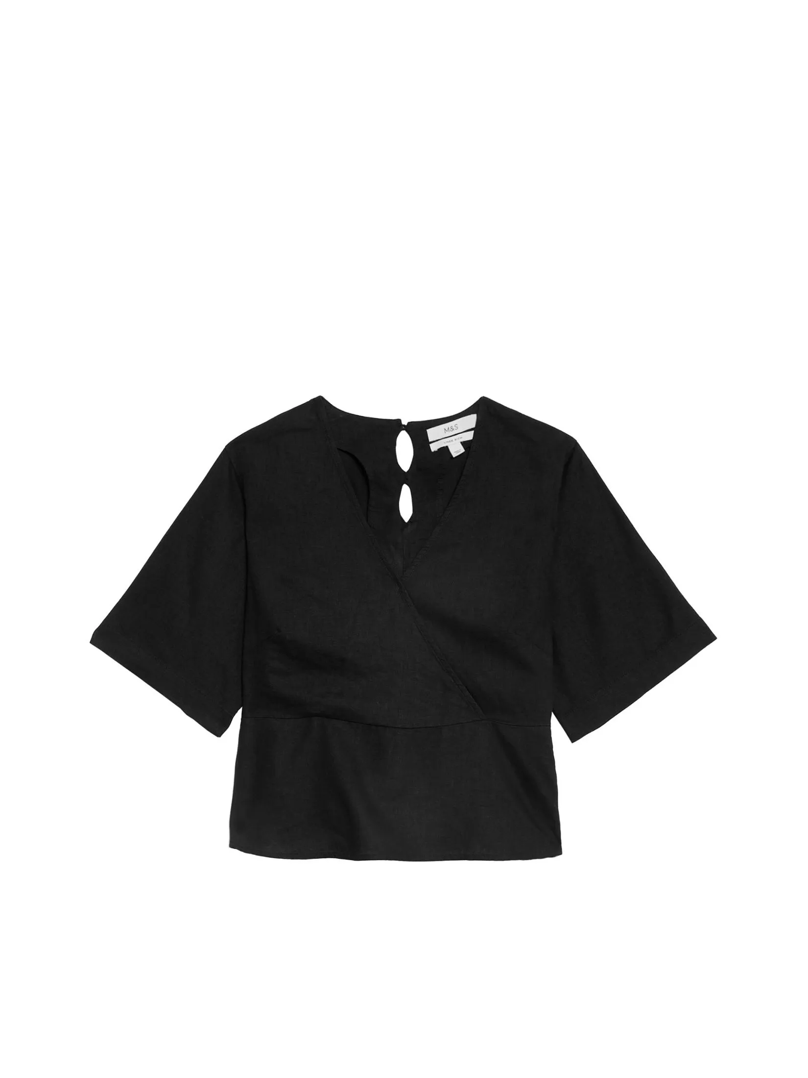 MARKS & SPENCER Women Blouse Linen Rich V Neck Kimono Sleeve Black