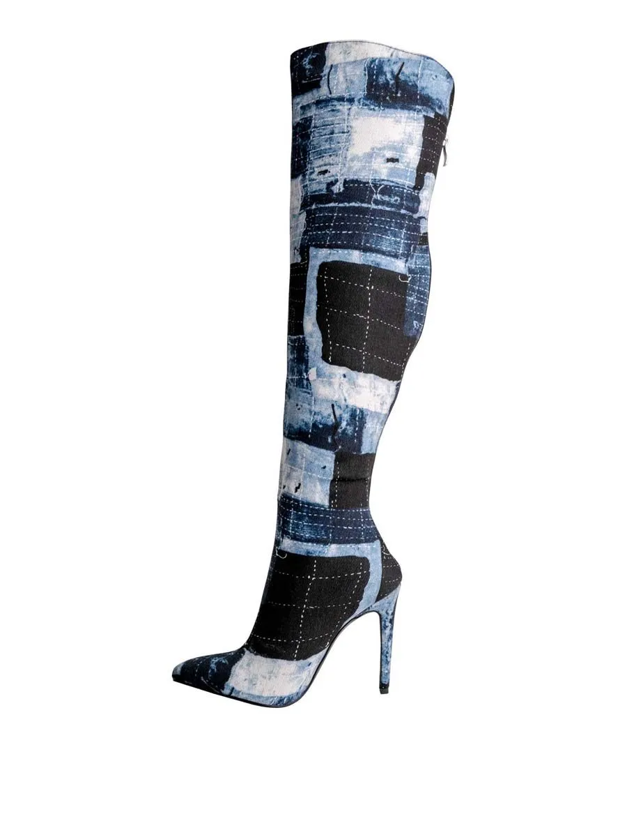 VILLAINS SF TONE Knee High Boots DENIM COMBO