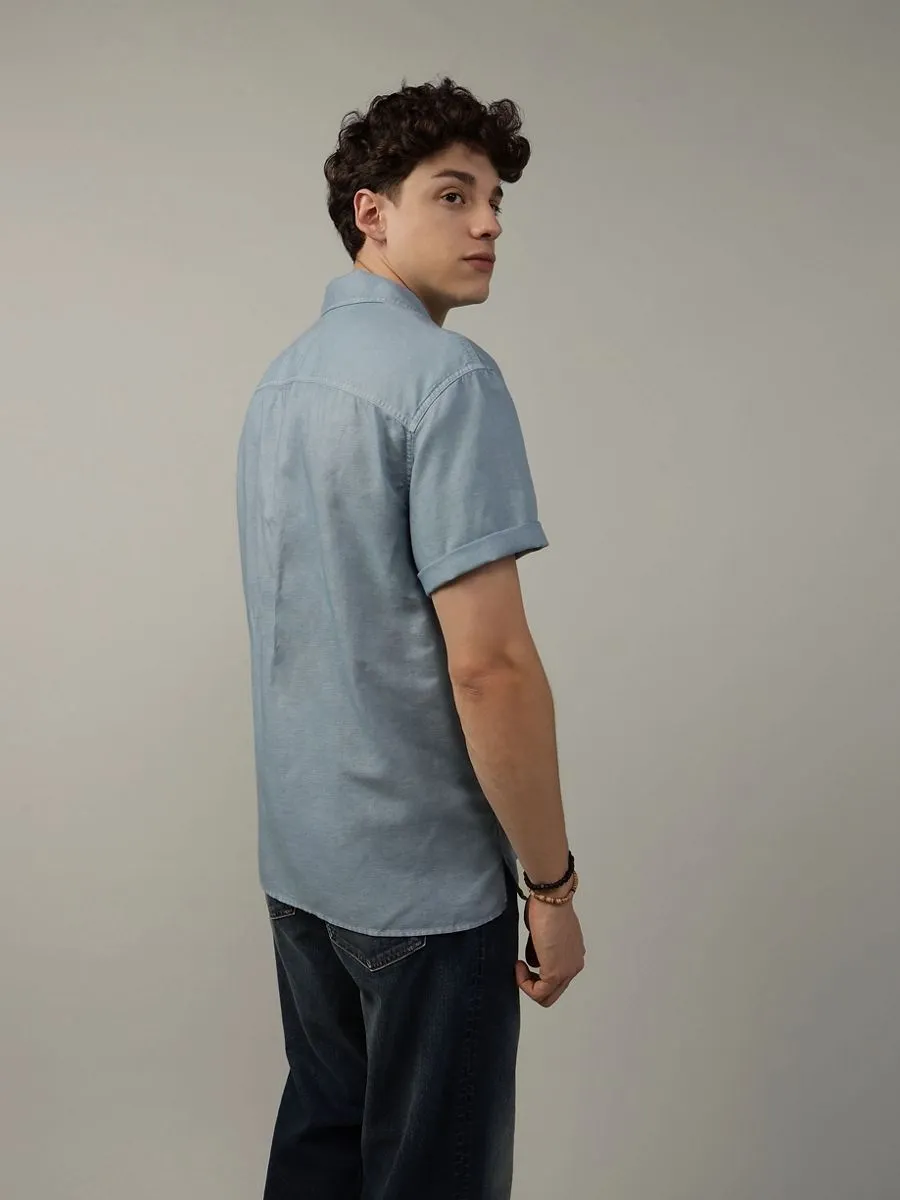 AMERICAN EAGLE MEN SS OVERSIZED CAMP COLLAR LINEN SOLIDS 401 LIGHT BLUE