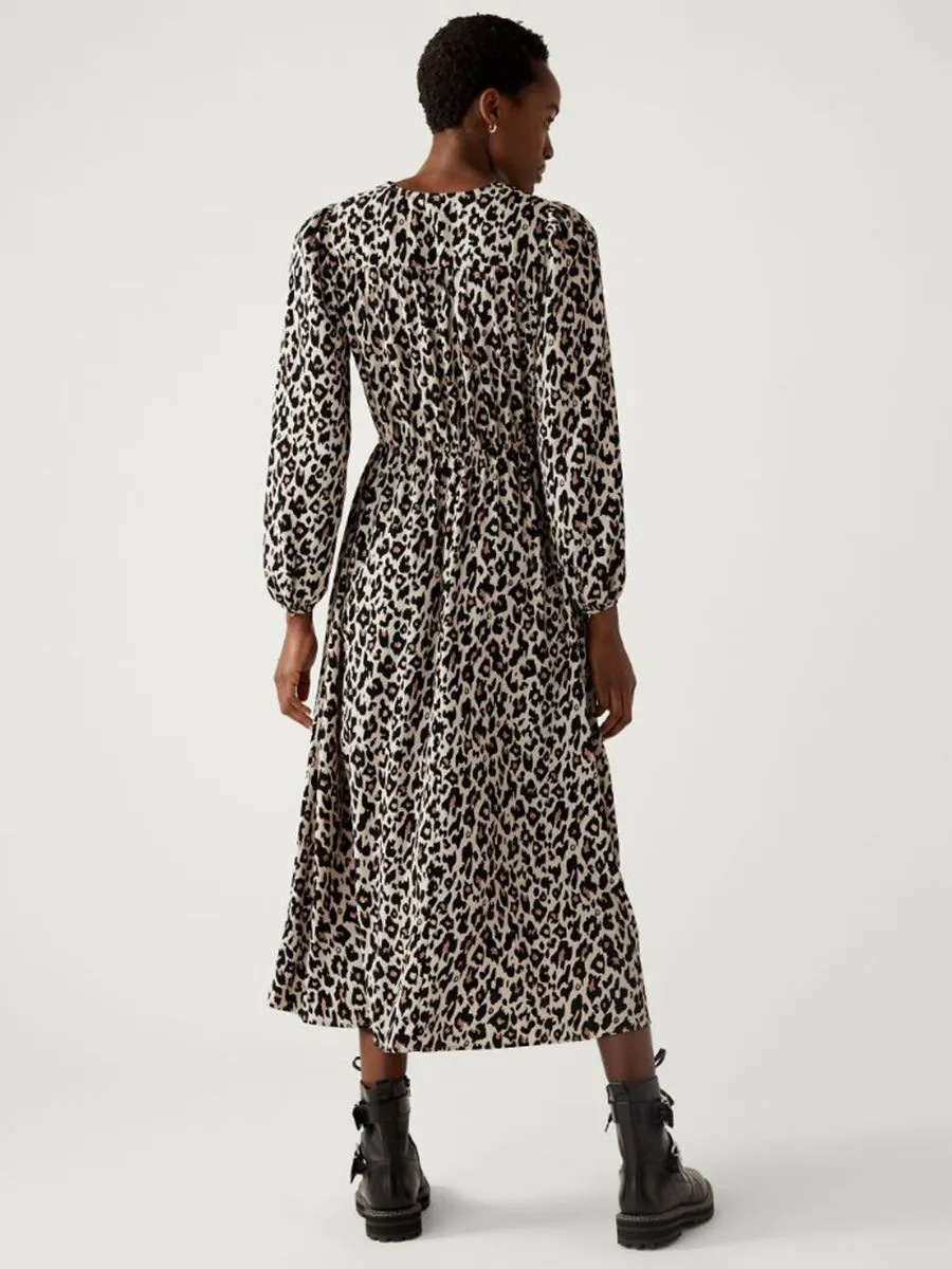 MARKS & SPENCER Women Animal Print Tie Neck Midaxi Waisted Dress